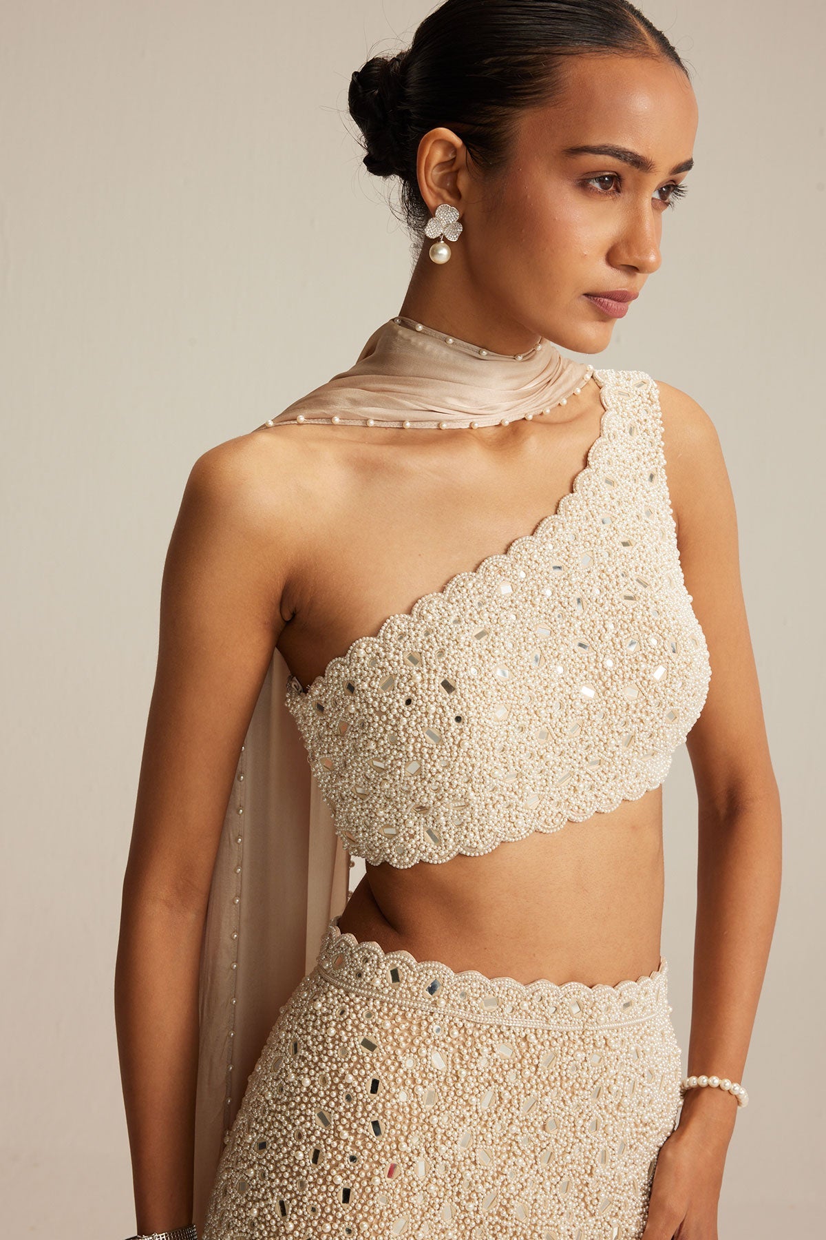 Light Beige One Shoulder Pencil Skirt With Stole Set