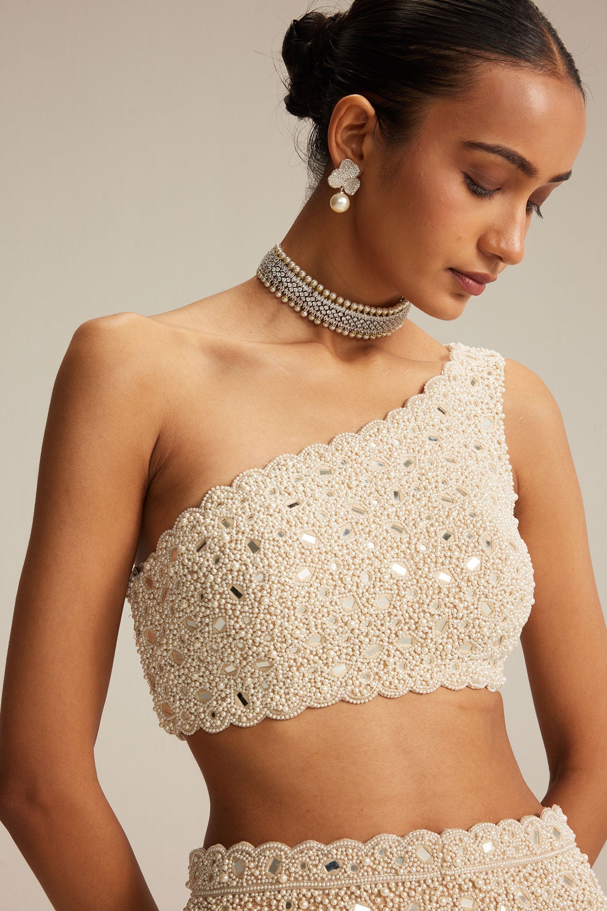 Light Beige One Shoulder Pencil Skirt Set.