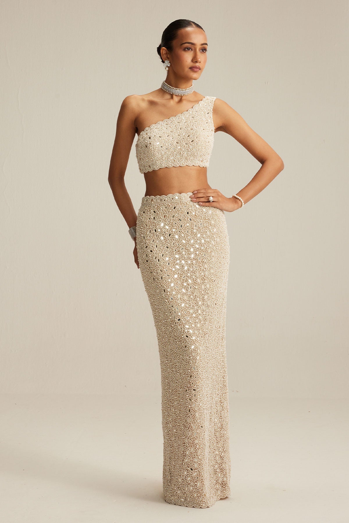 Light Beige One Shoulder Pencil Skirt Set.