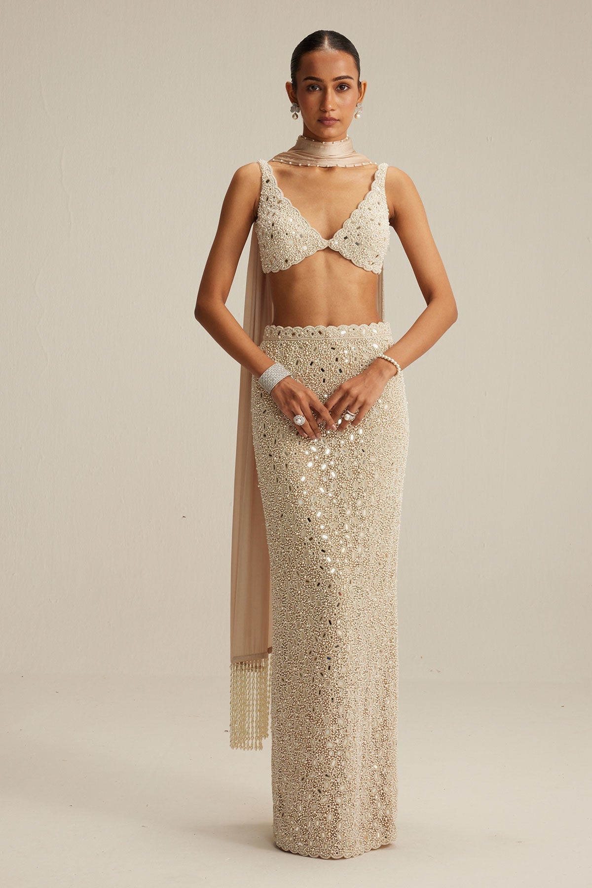 Light Beige V neck Pencil Skirt Set.