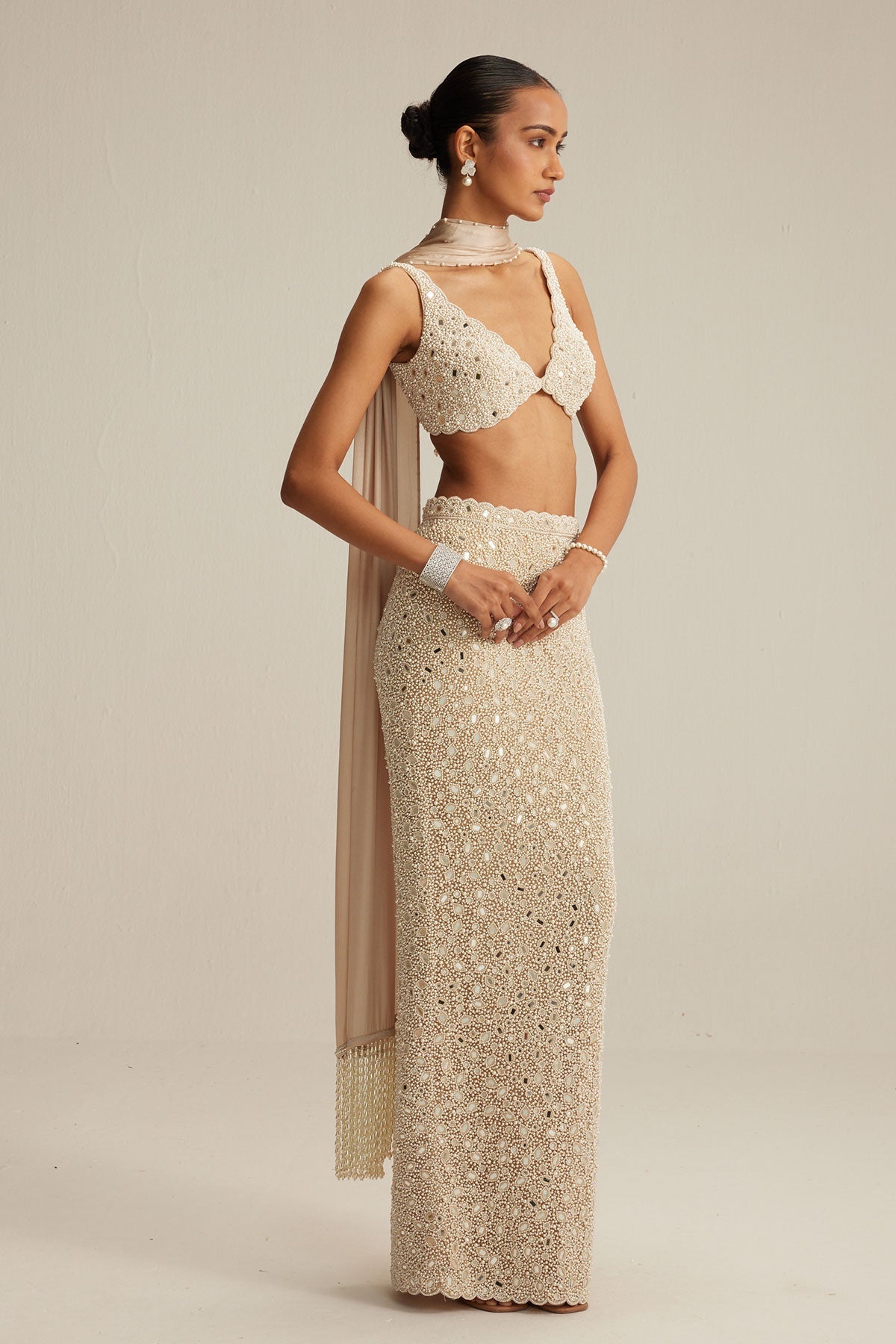 Light Beige V neck Pencil Skirt Set.