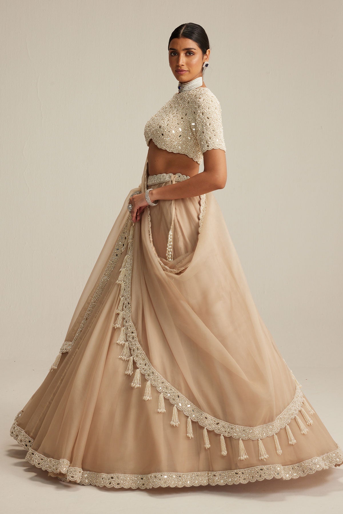 Light Beige High Neck Organza mirror and pearl lehenga set
