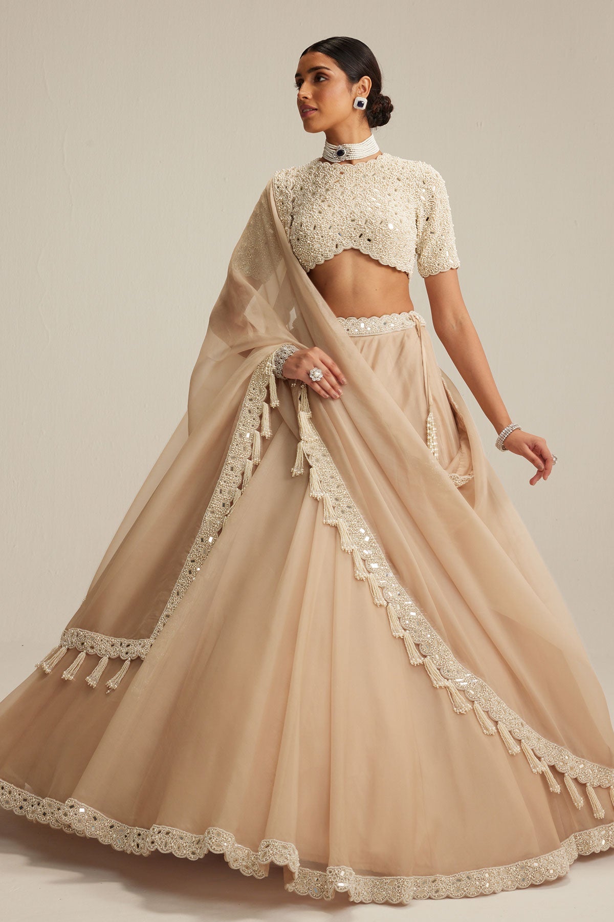 Light Beige High Neck Organza mirror and pearl lehenga set