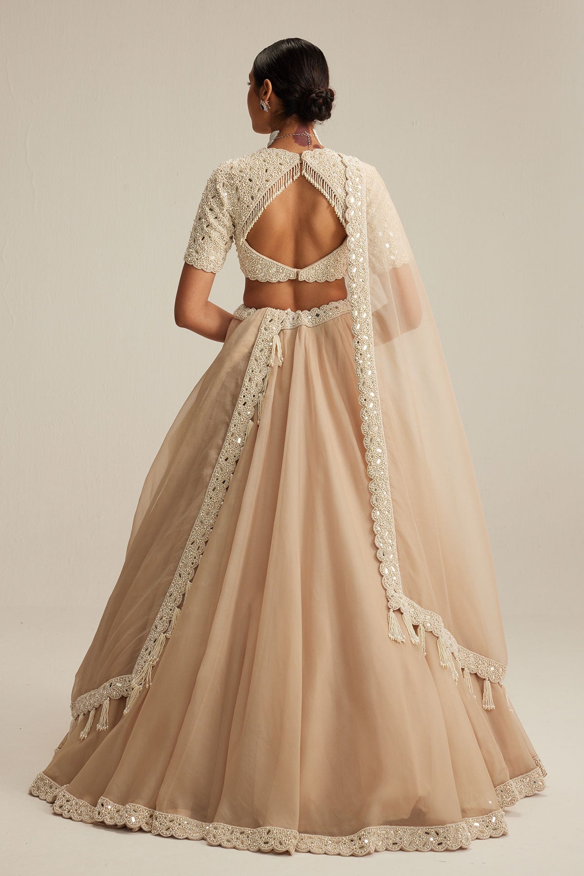 Light Beige High Neck Organza mirror and pearl lehenga set