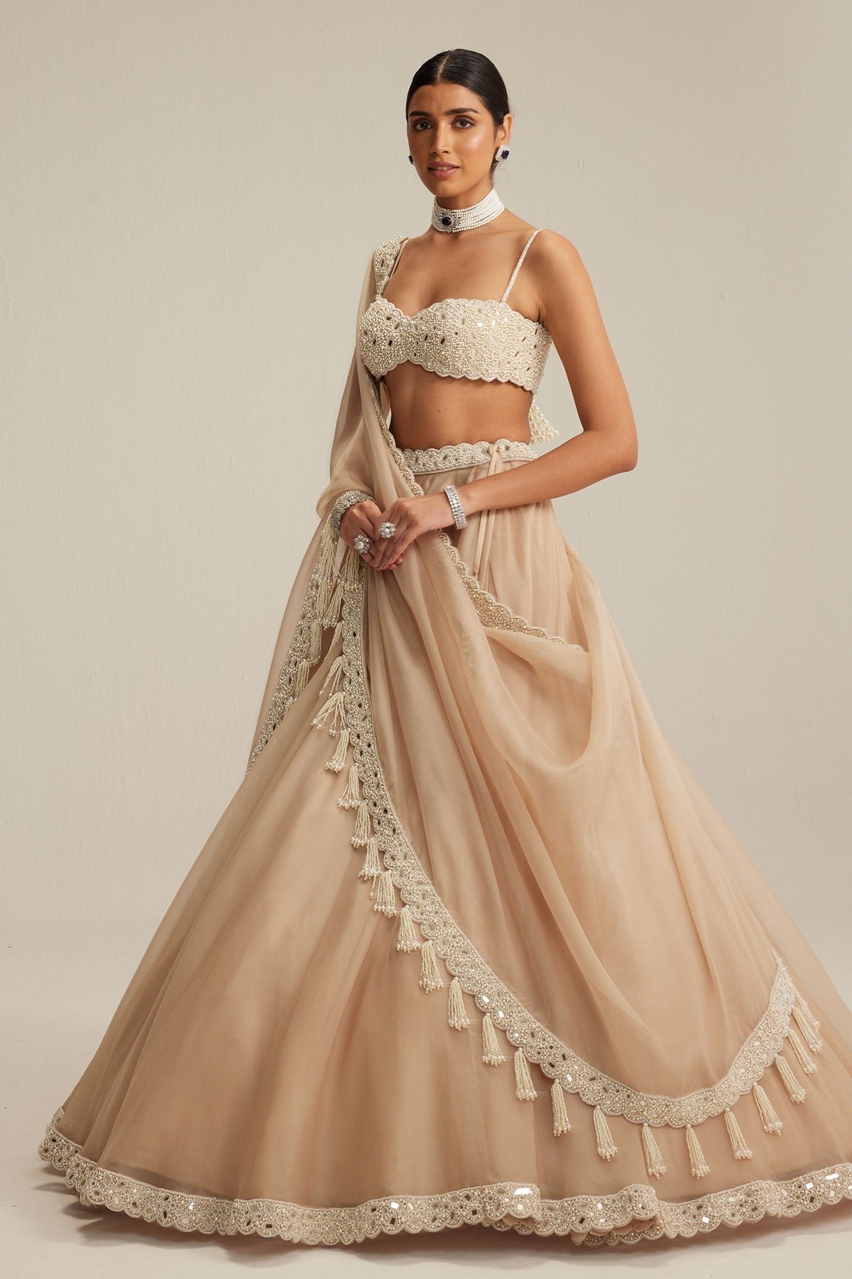 Light Beige Organza mirror and pearl lehenga set
