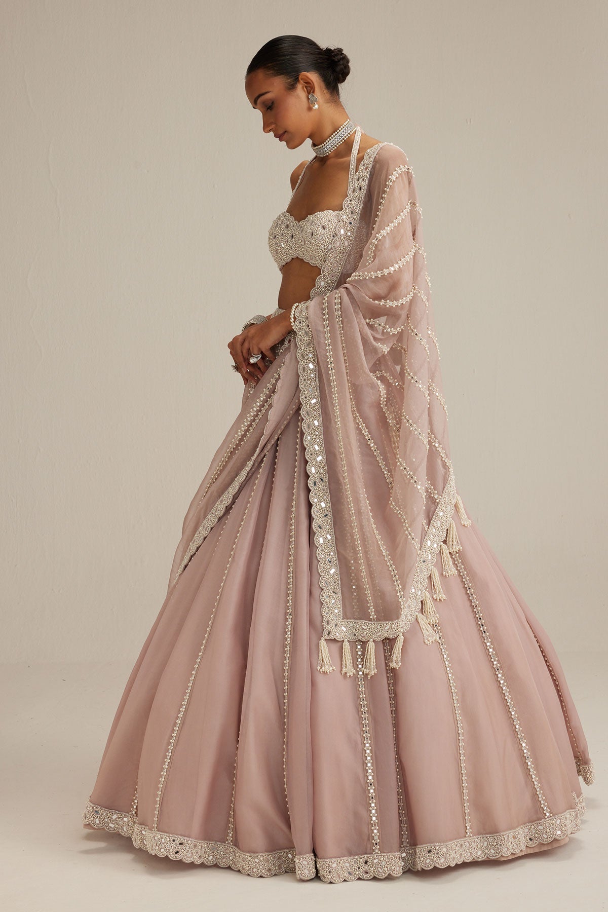 Ash Pink linear embroidered Organza Lehenga Set