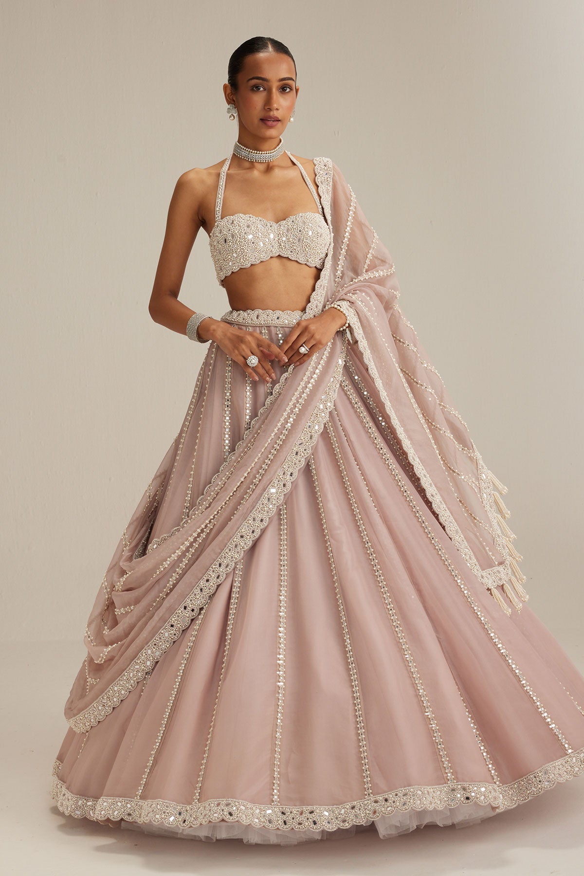 Ash Pink linear embroidered Organza Lehenga Set