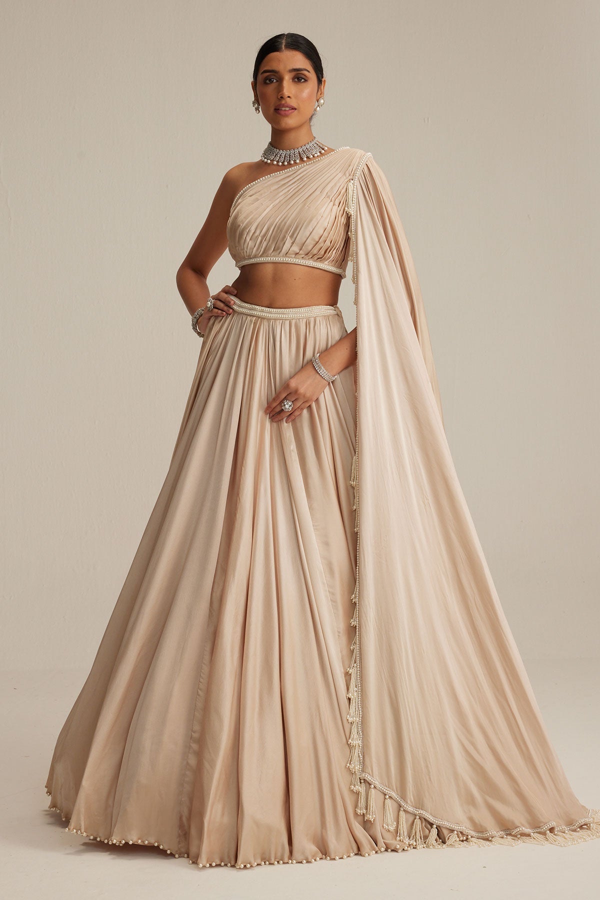 Light Beige Satin Lehenga Set
