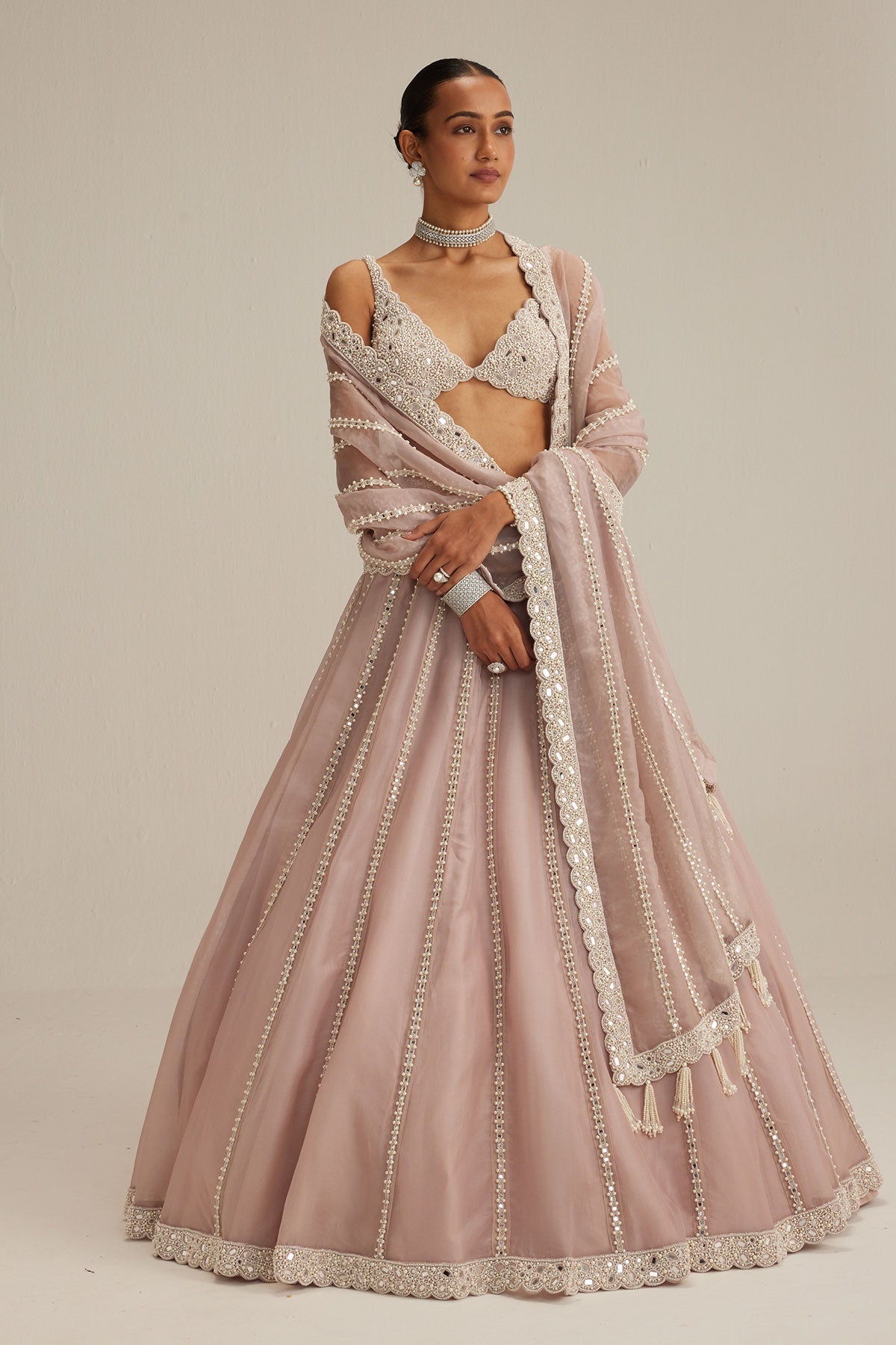 Ash Pink Pearl Mirror linear Lehenga with V neck Blouse