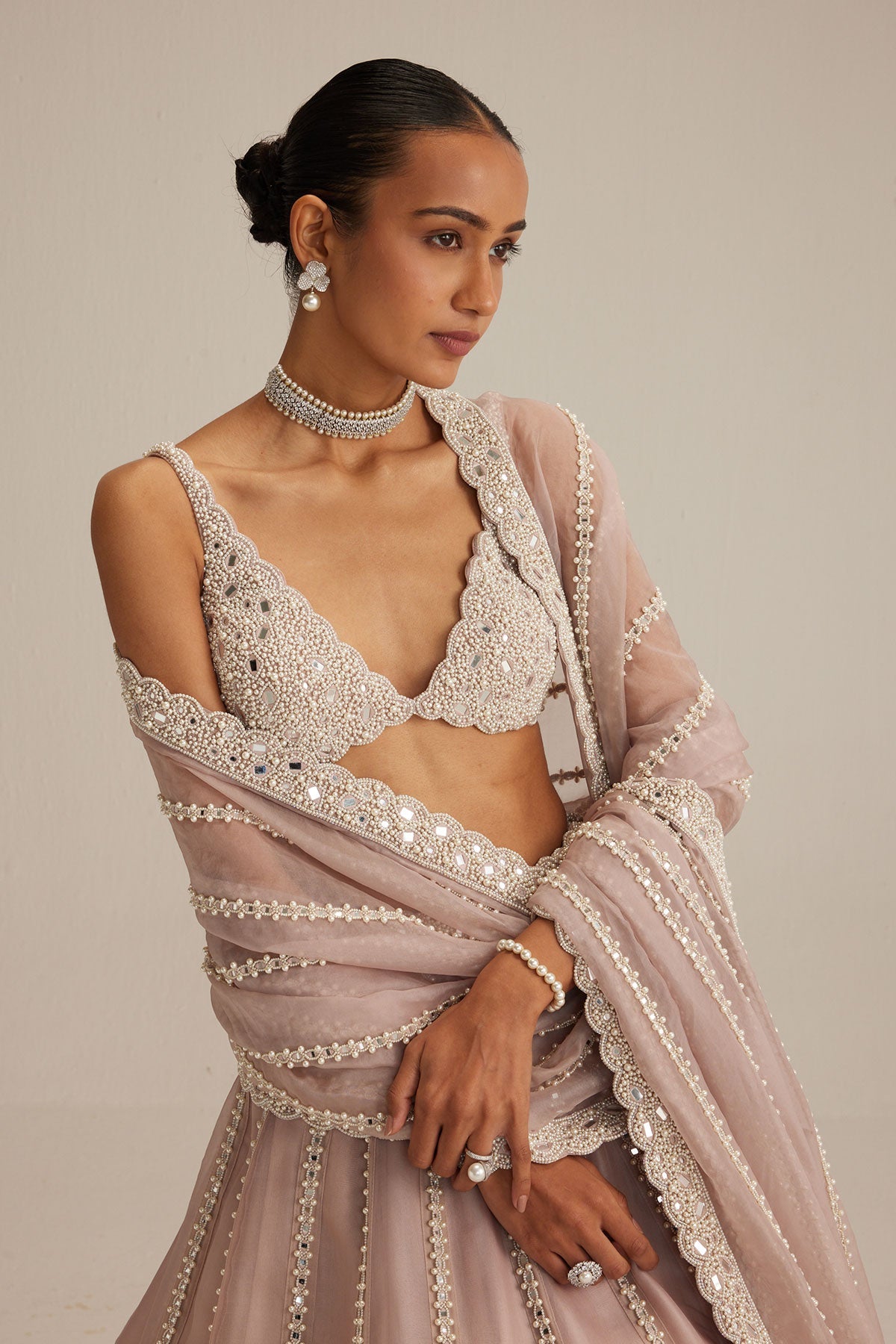 Ash Pink Pearl Mirror linear Lehenga with V neck Blouse