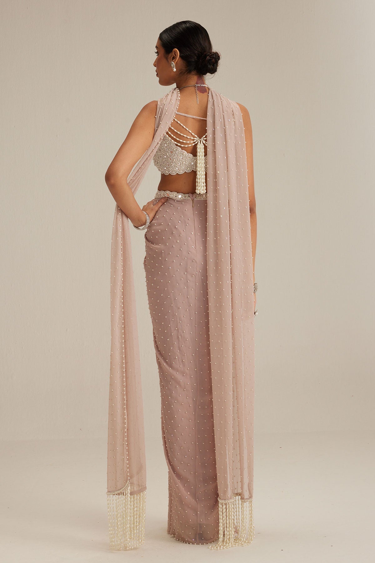 Ash pink Pearl Scattered draped skirt set