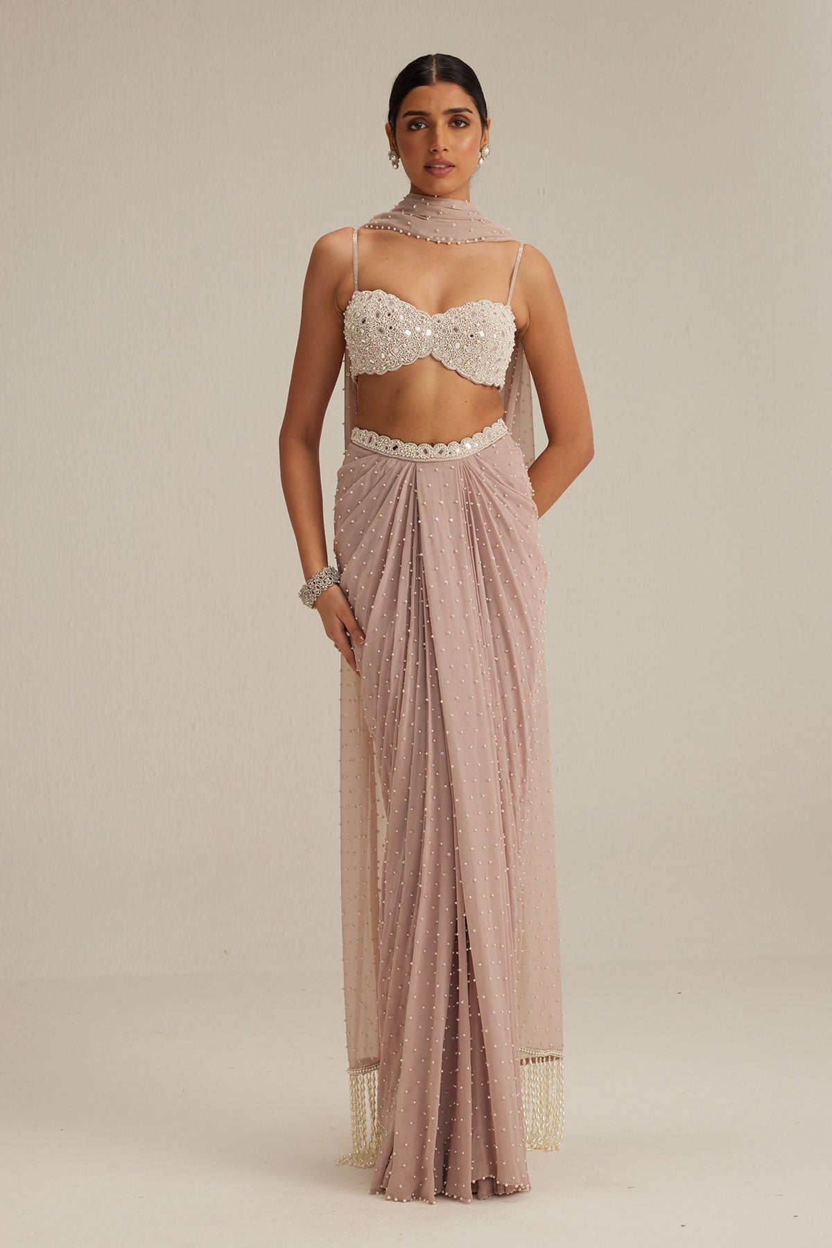 Ash pink Pearl Scattered draped skirt set