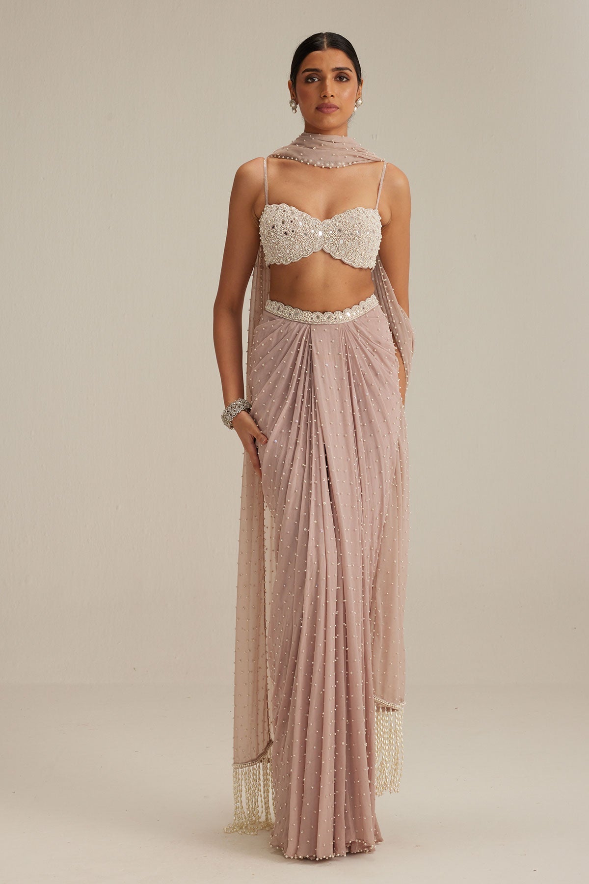 Ash pink Pearl Scattered draped skirt set