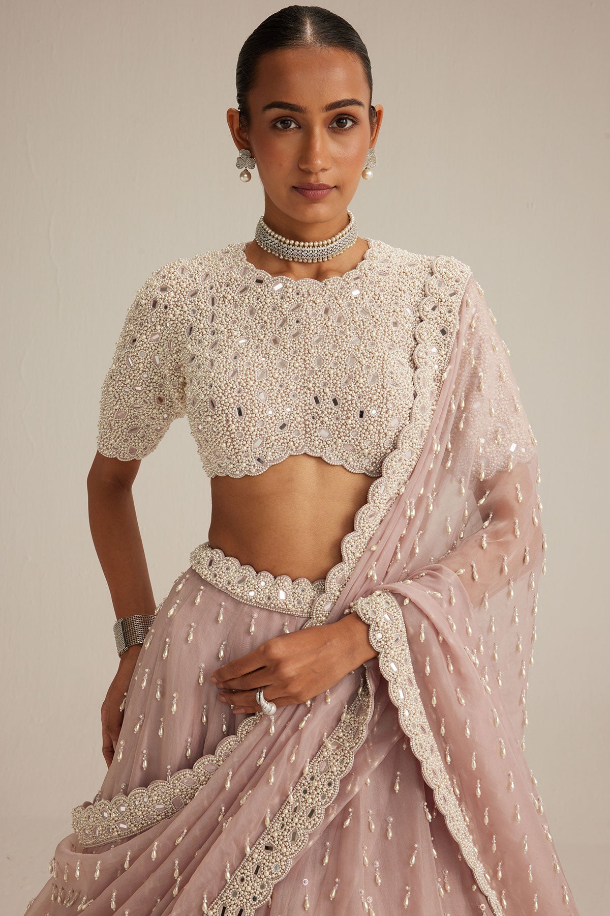 Ash Pink Pearl Drop Lehenga with high neck blouse