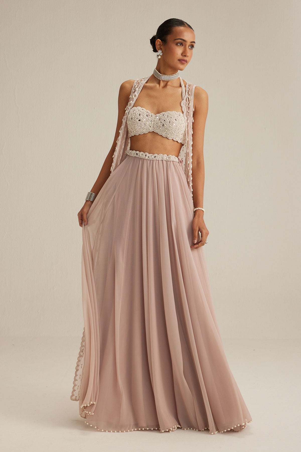 Ash Pink Pearl Drop Jacket Skirt Set