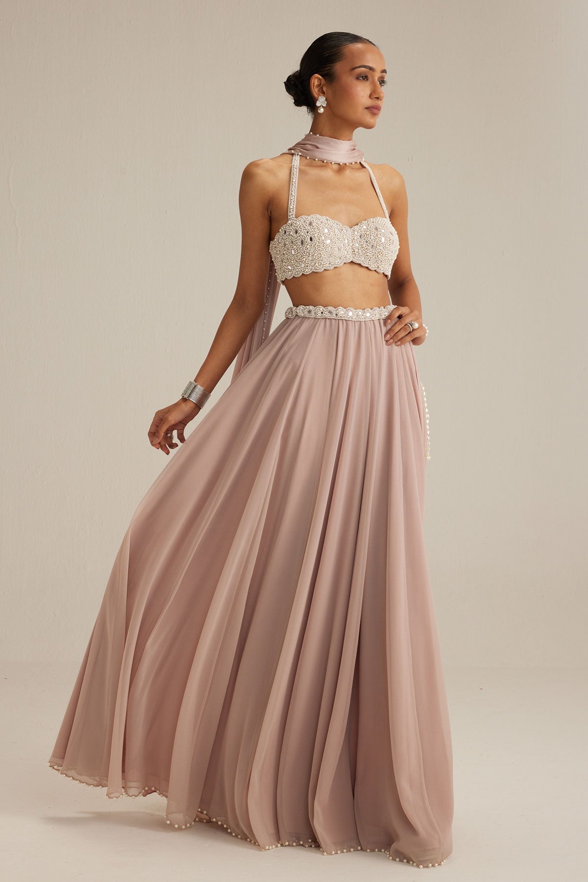 Ash Pink Georgette Skirt with Halter neck Blouse and stole