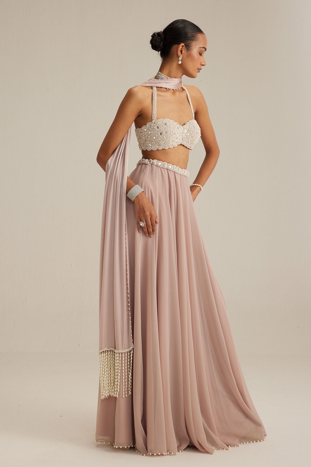 Ash Pink Georgette Skirt with Halter neck Blouse and stole
