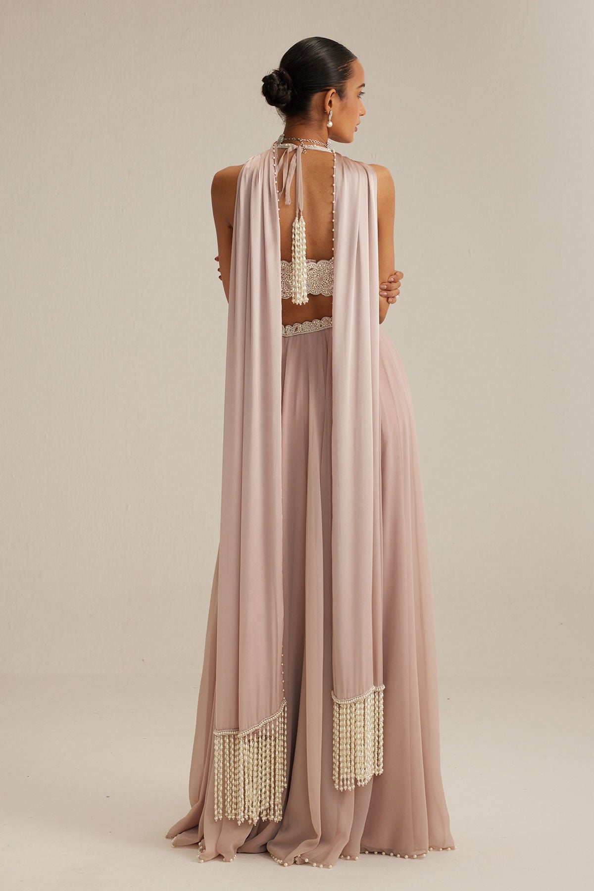 Ash Pink Georgette Skirt with Halter neck Blouse and stole