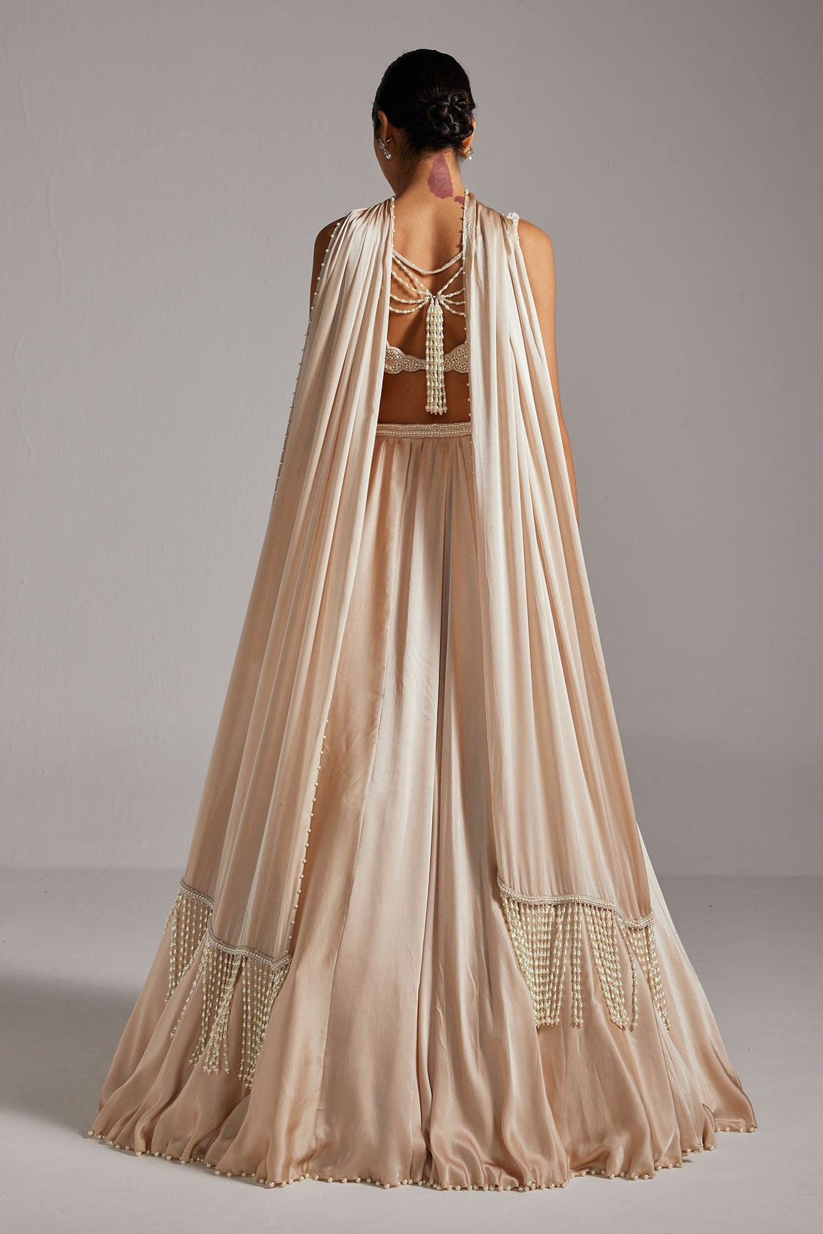 Light Beige V Neck Satin skirt Set