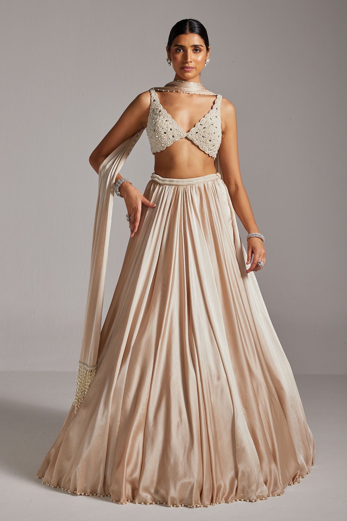 Light Beige V Neck Satin skirt Set