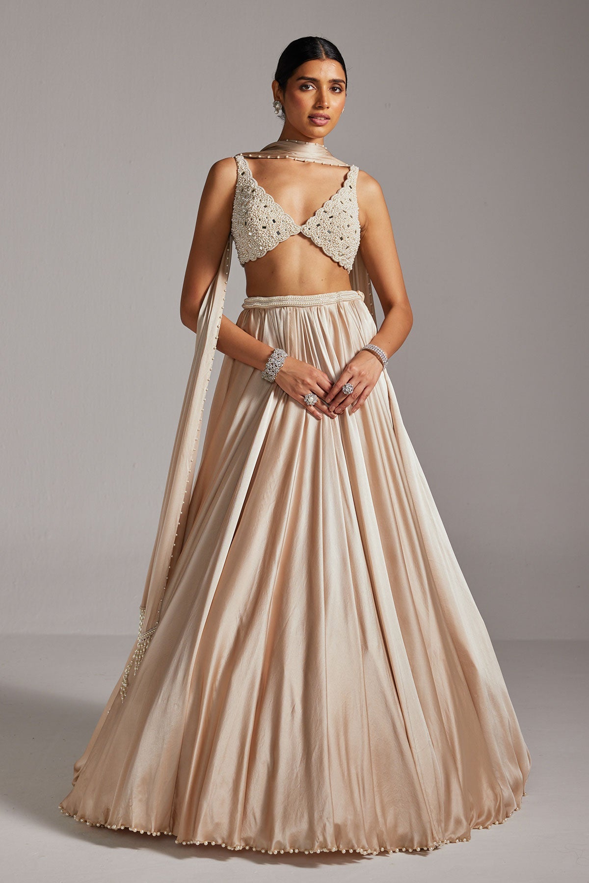 Light Beige V Neck Satin skirt Set