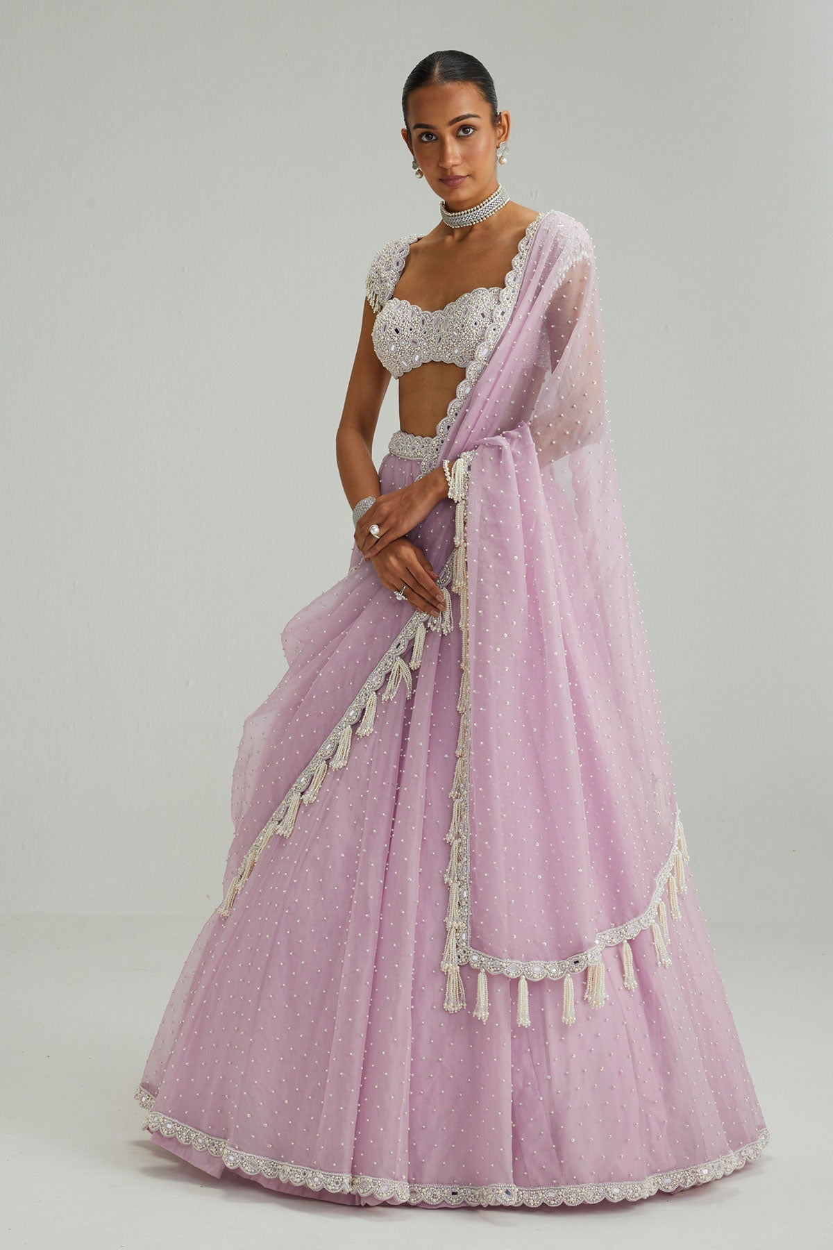 Lavender mirror and pearl lehenga set