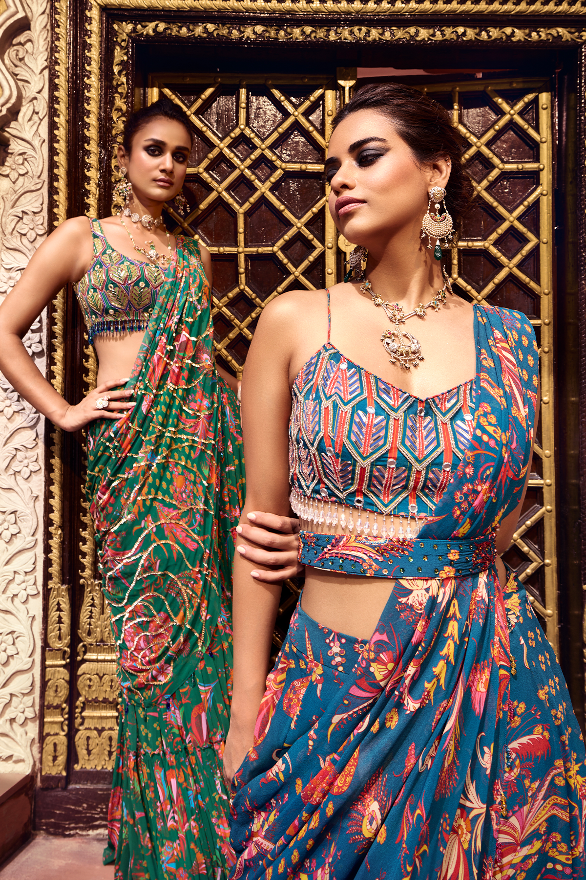 Teal highlighted blouse and saree set