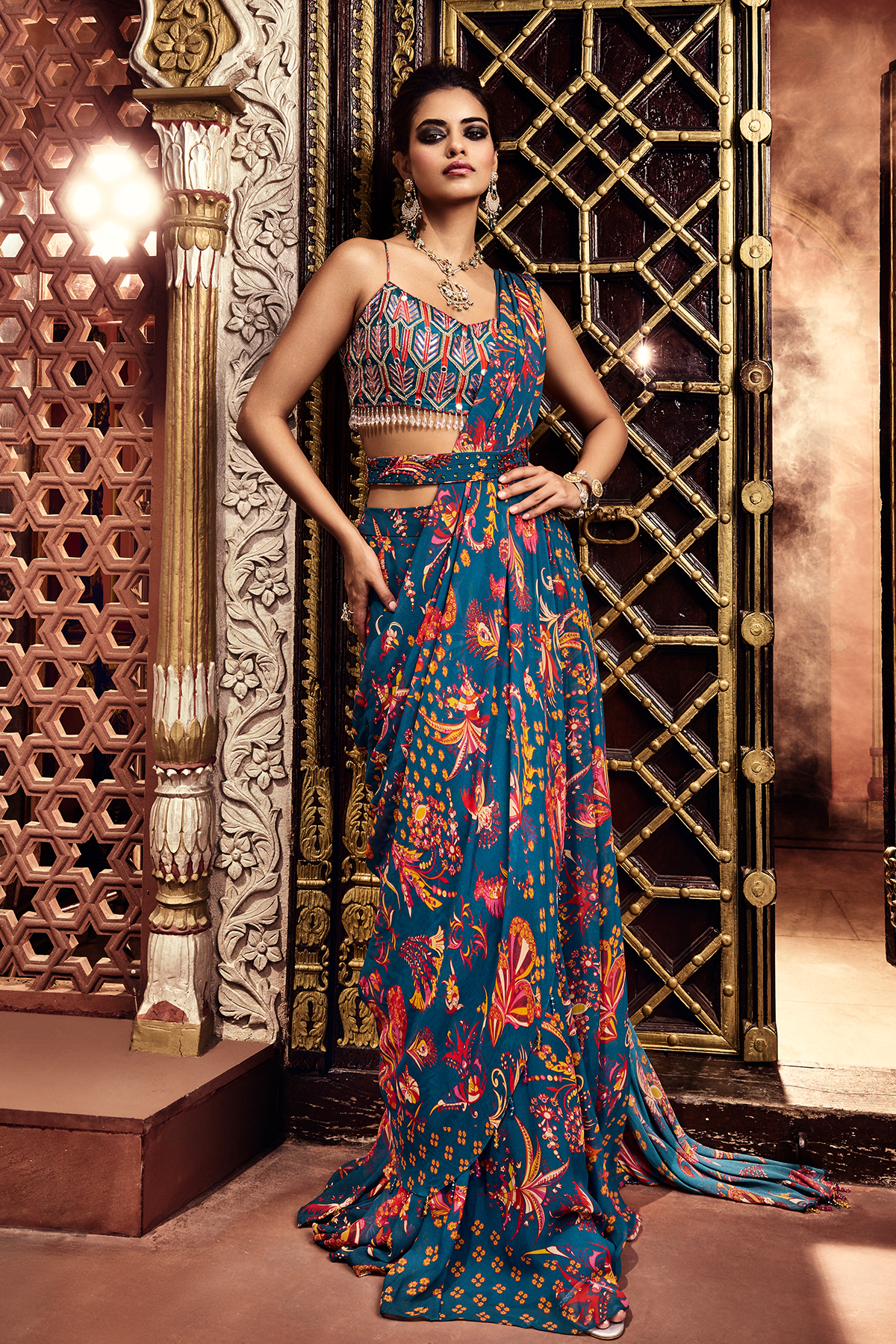 Teal highlighted blouse and saree set