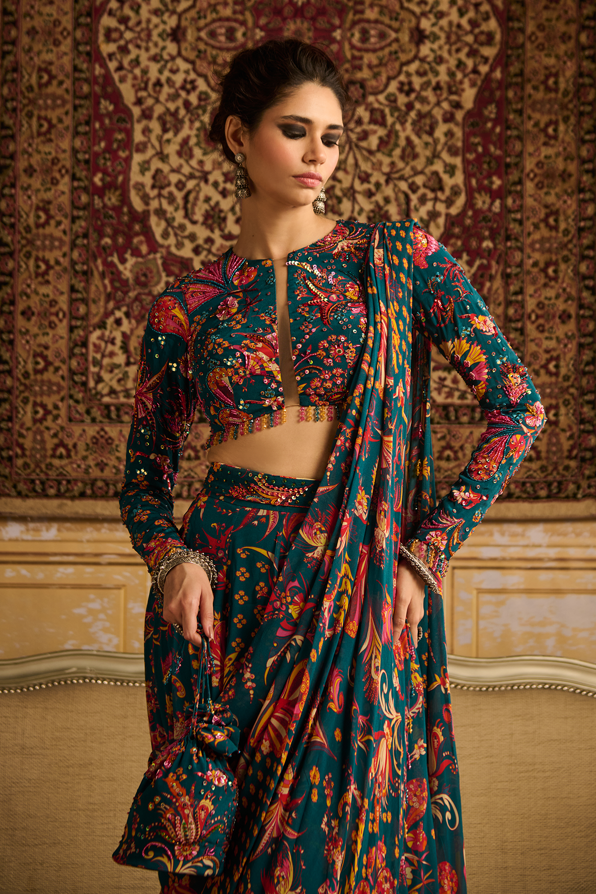 Teal embroidered blouse with pant saree set