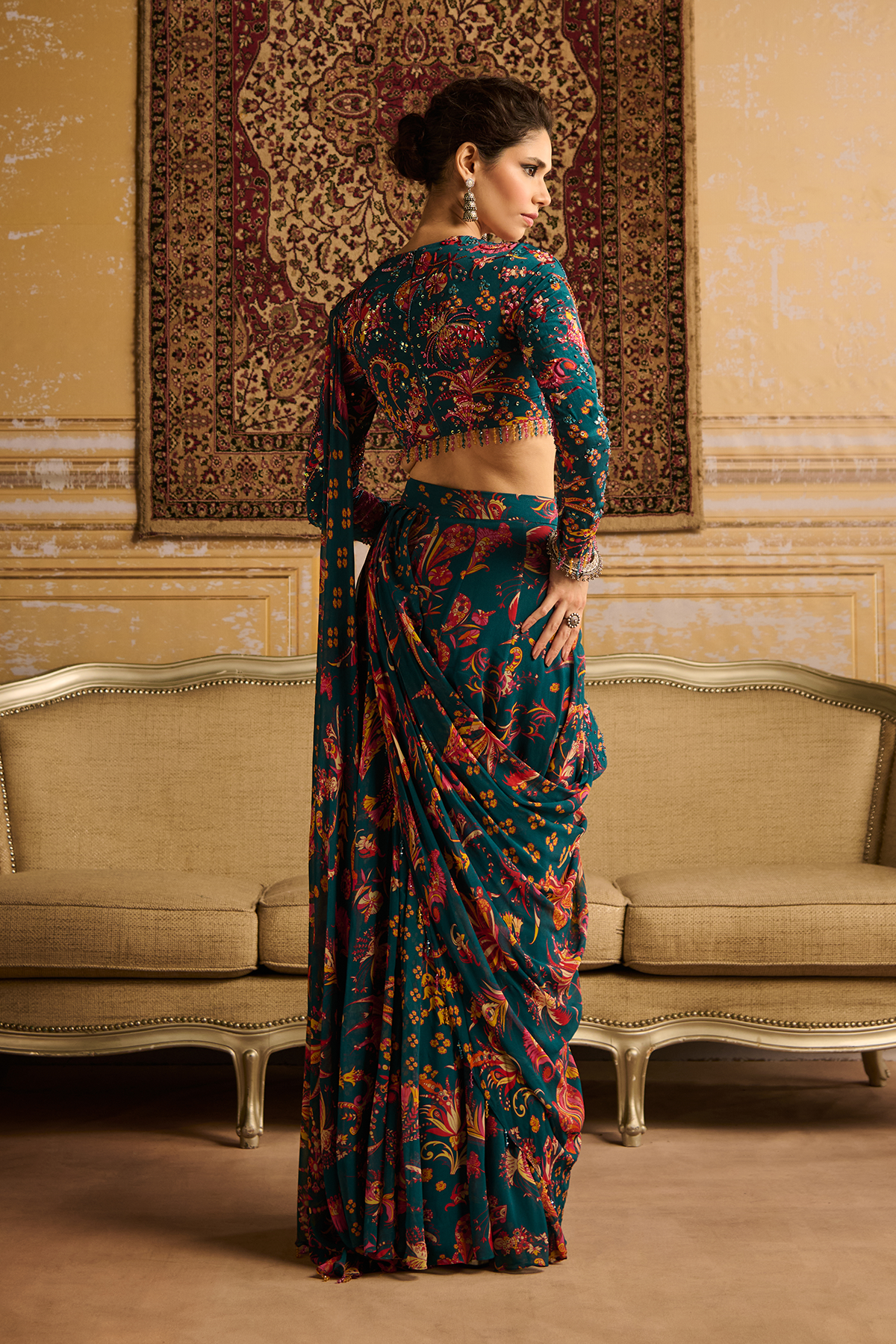Teal embroidered blouse with pant saree set