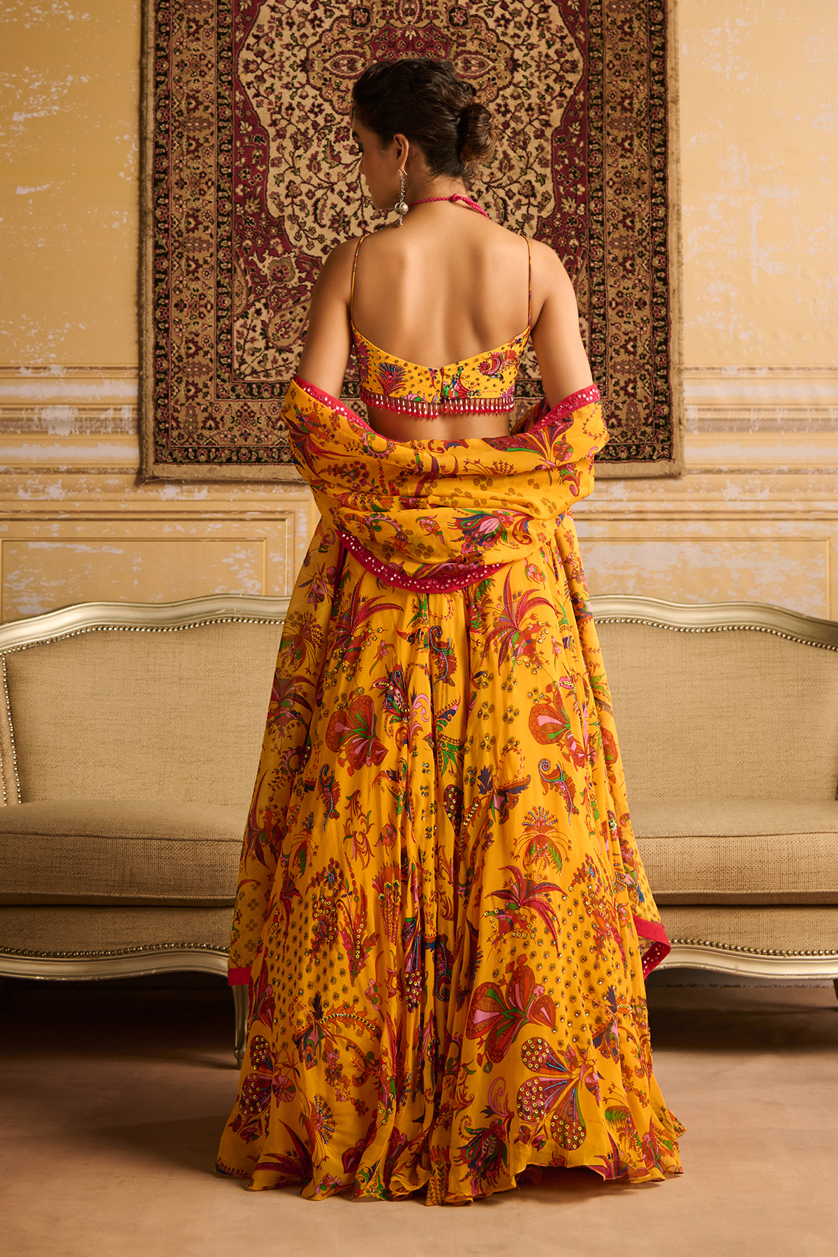 Yellow highlighted blouse and highlighted lehenga set