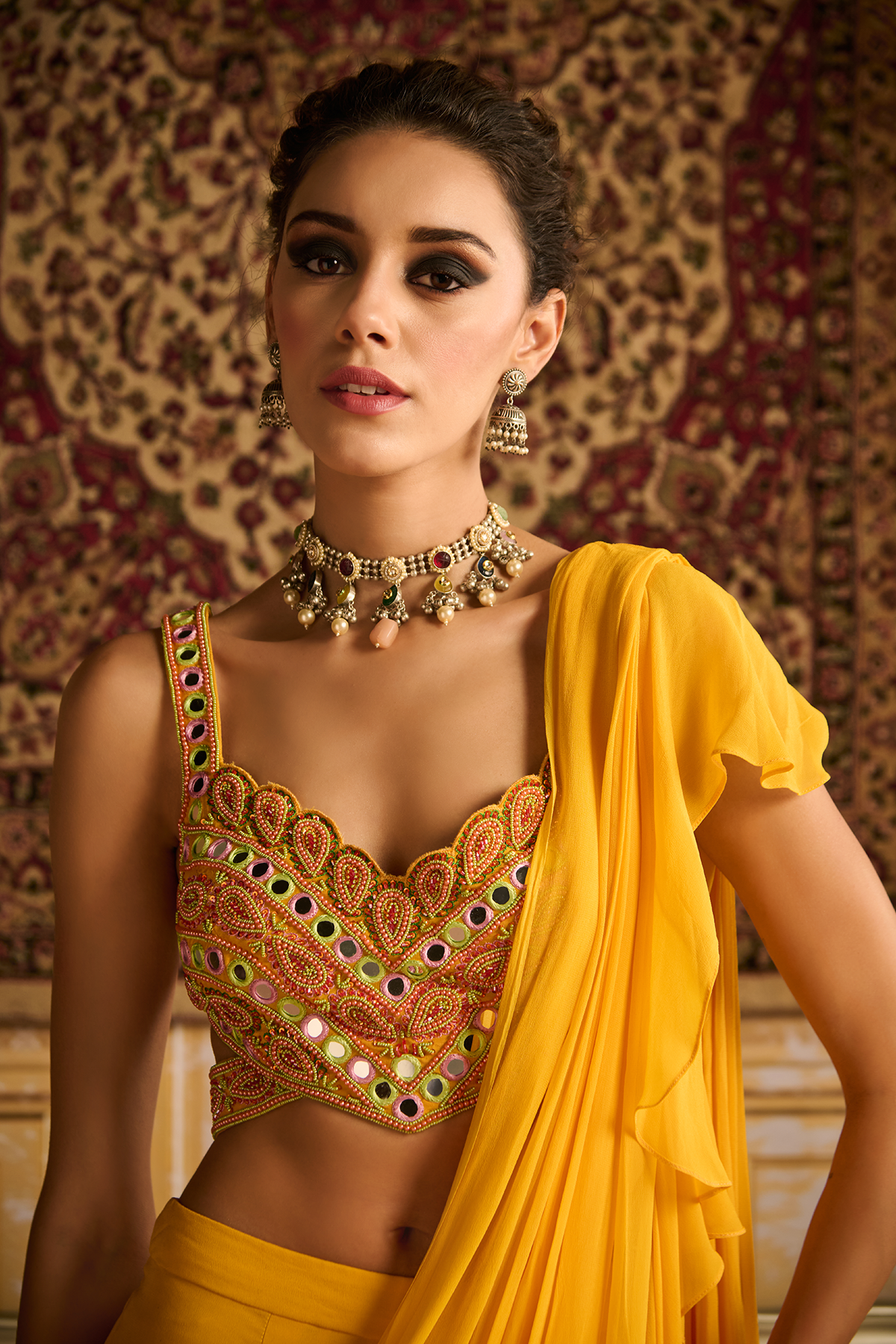 Yellow embroidered blouse and skirt saree set