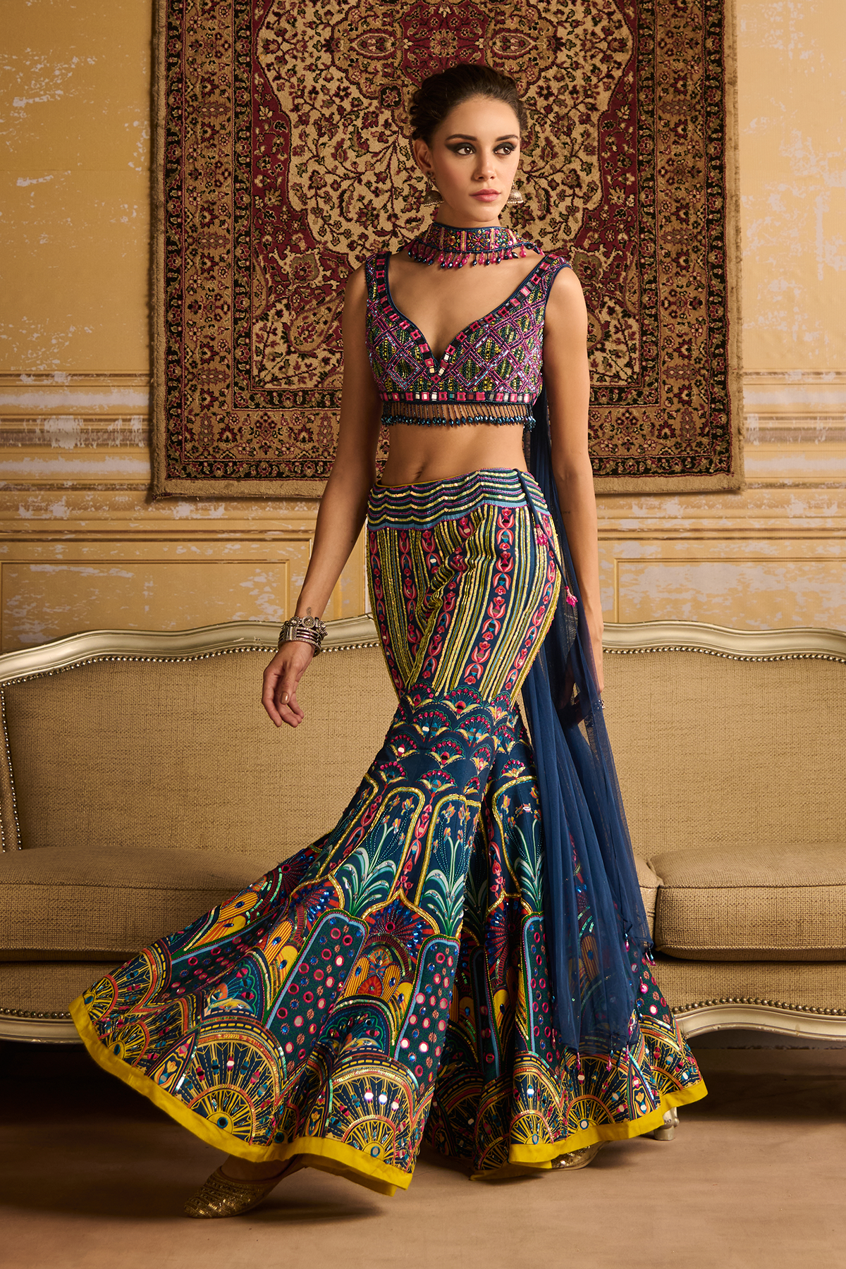 Teal embroidered blouse and Sharara set