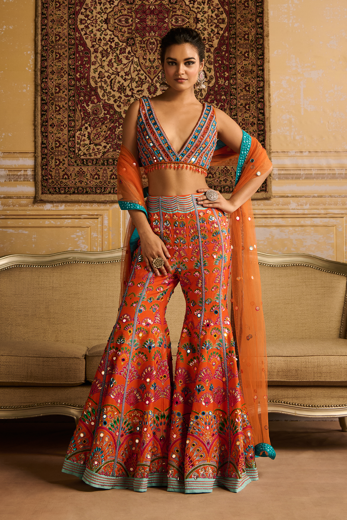 Orange embroidered blouse and Sharara set