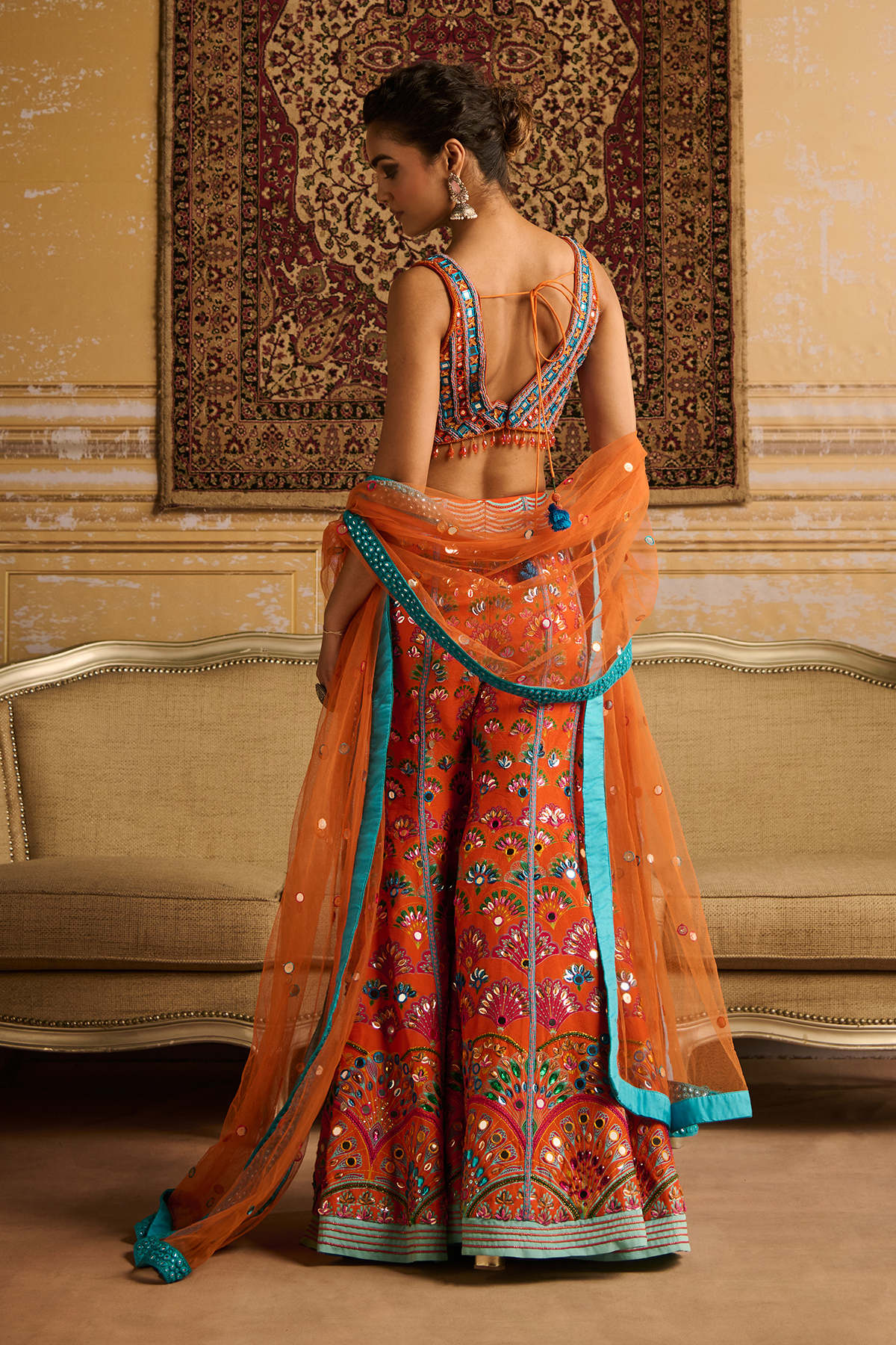 Orange embroidered blouse and Sharara set