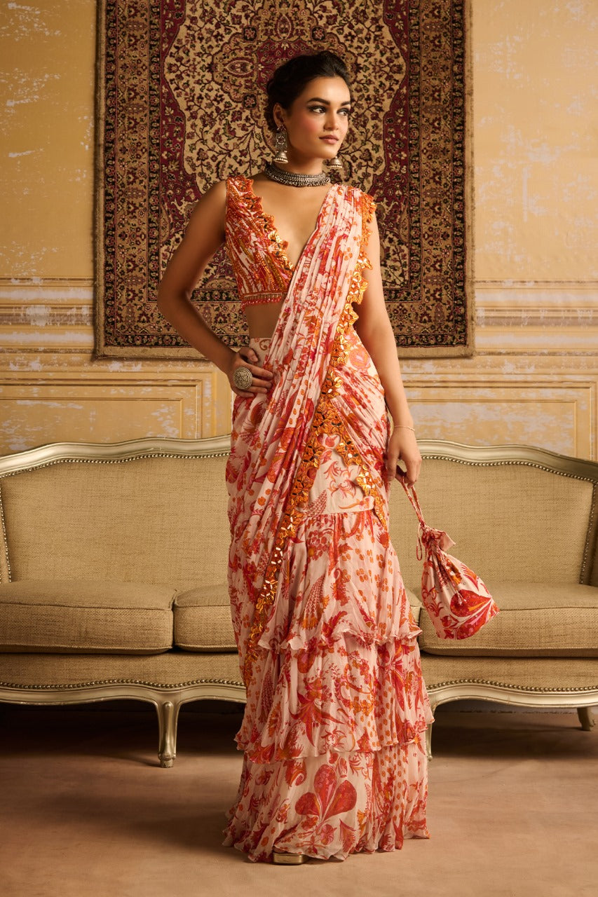 Orange print & embroidered blouse and skirt saree set