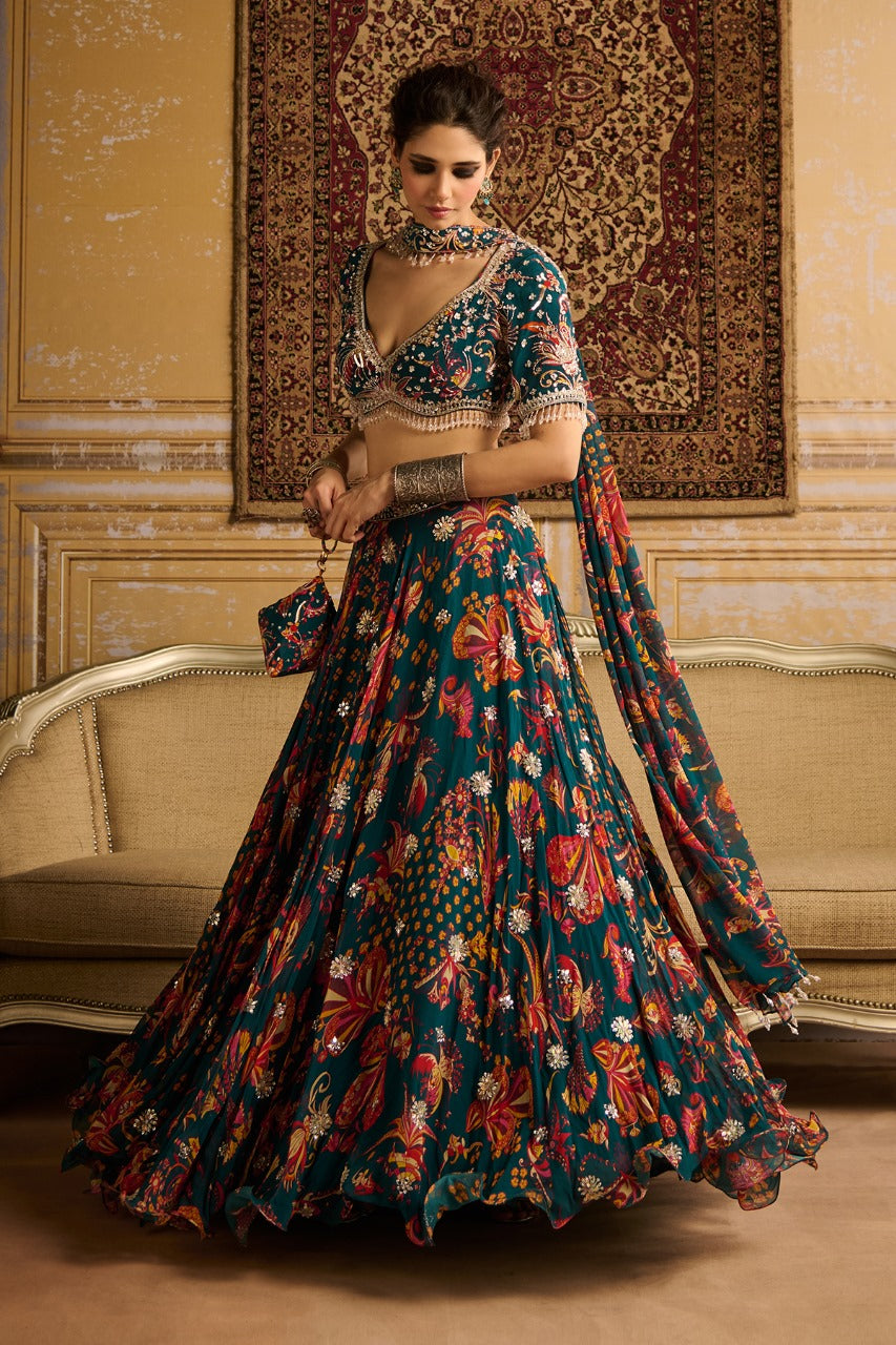 Teal embroidered blouse and Lehenga set