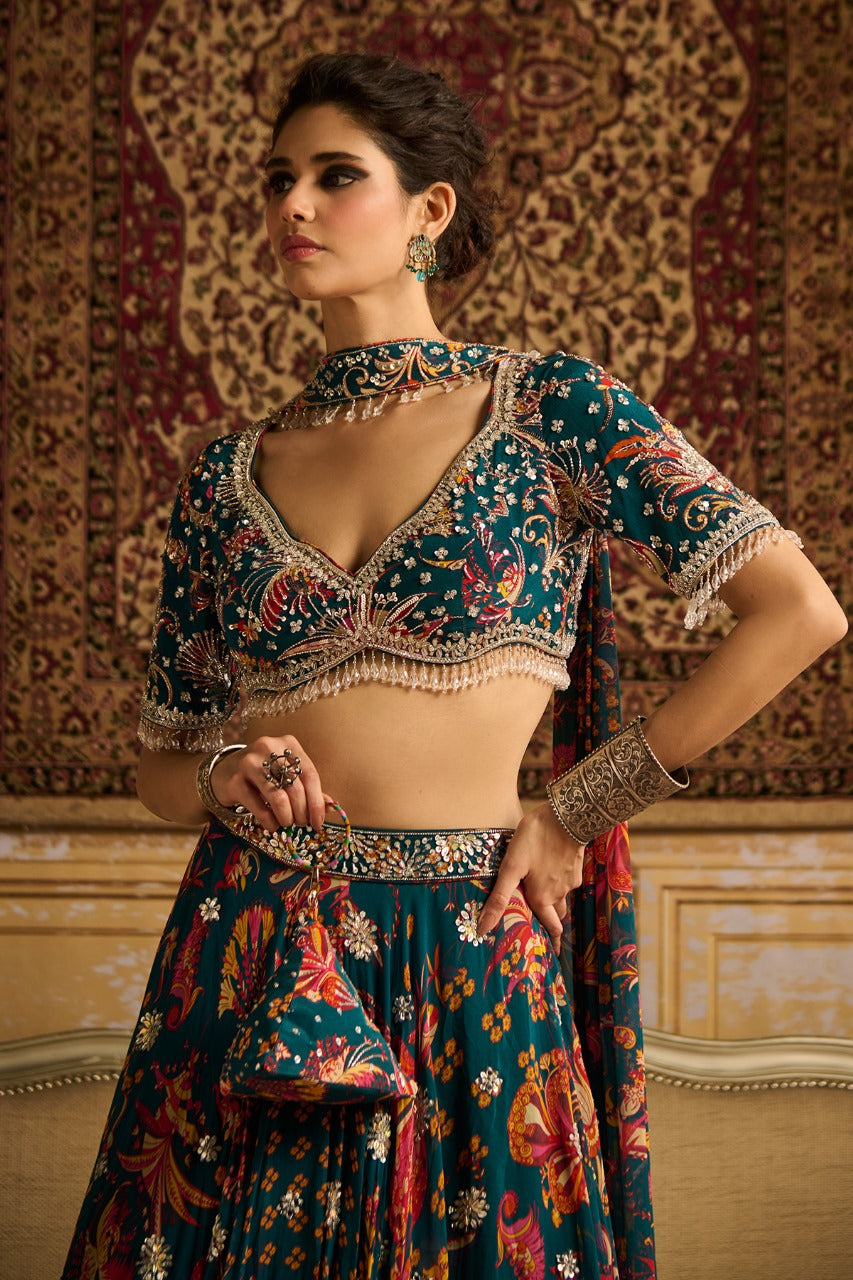 Teal embroidered blouse and Lehenga set