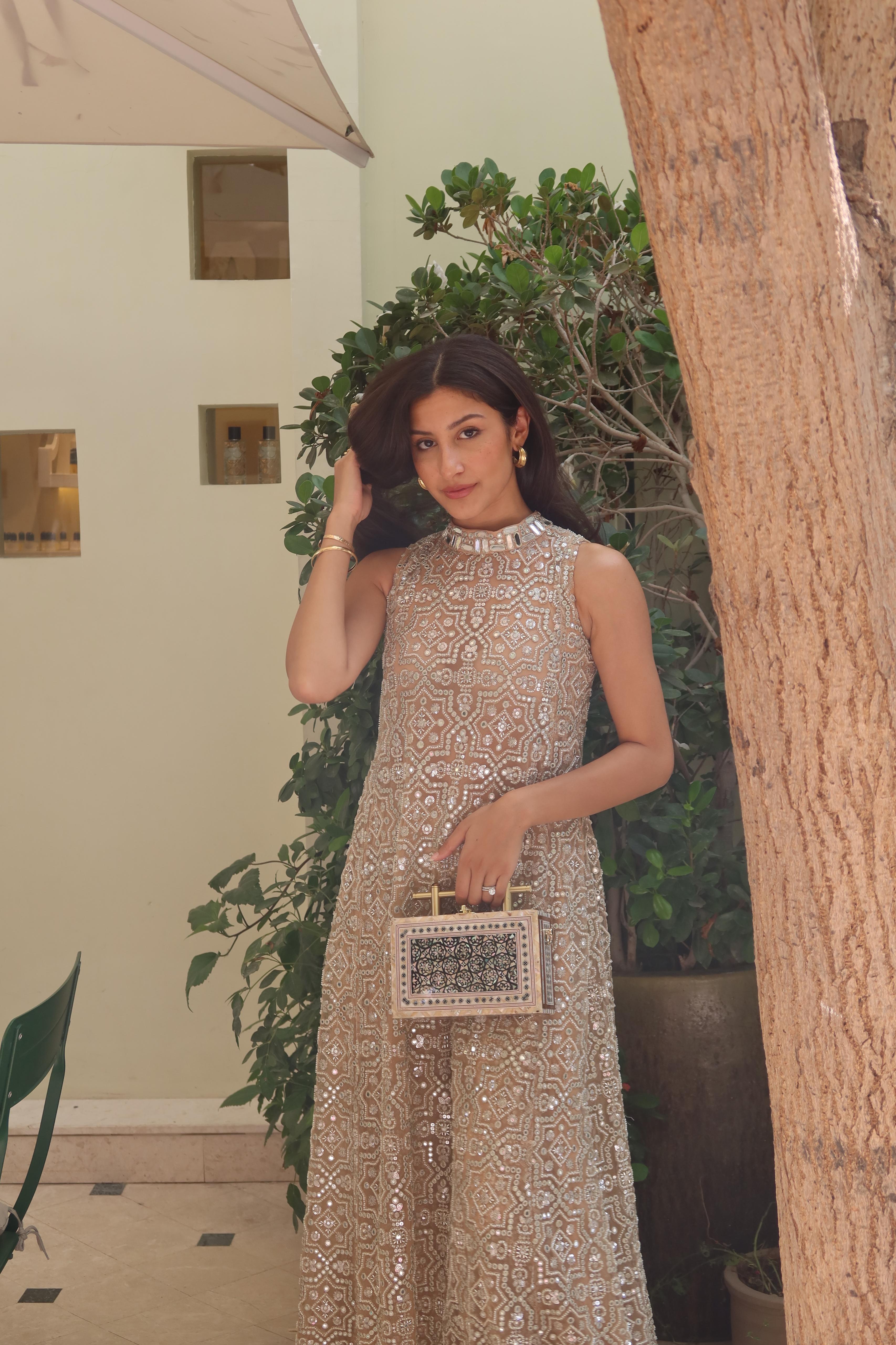 Afshaan in our Hi Neck Long Sleeveless Dress and Sharara Set