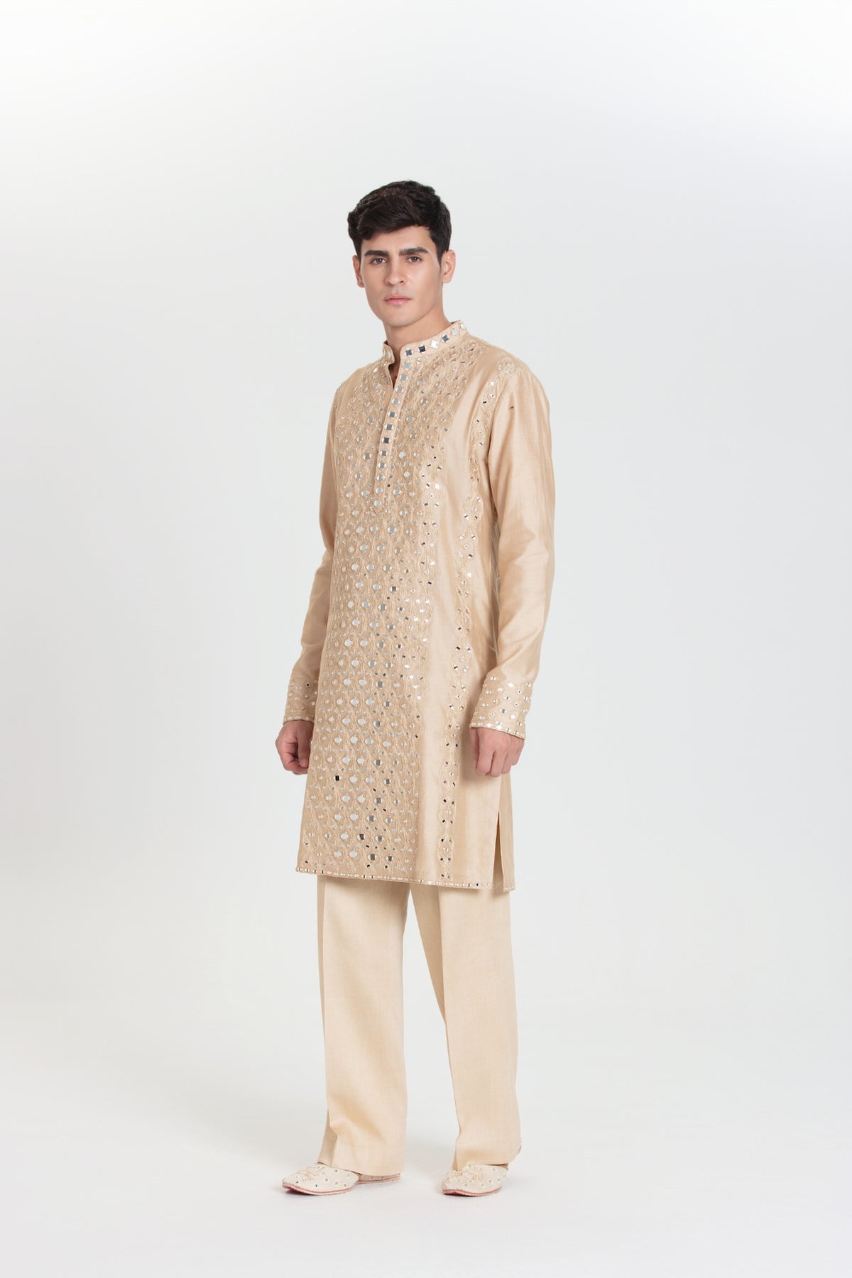 Beige Grid Kurta Set