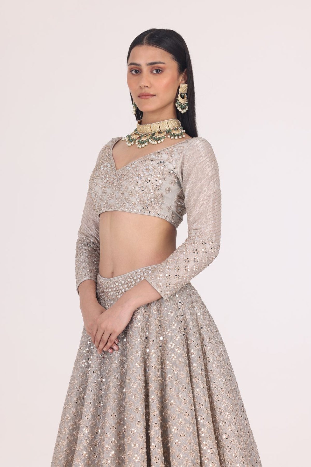 SILVER TISSUE PATTERN EMBELLISHED LEHENGA SET