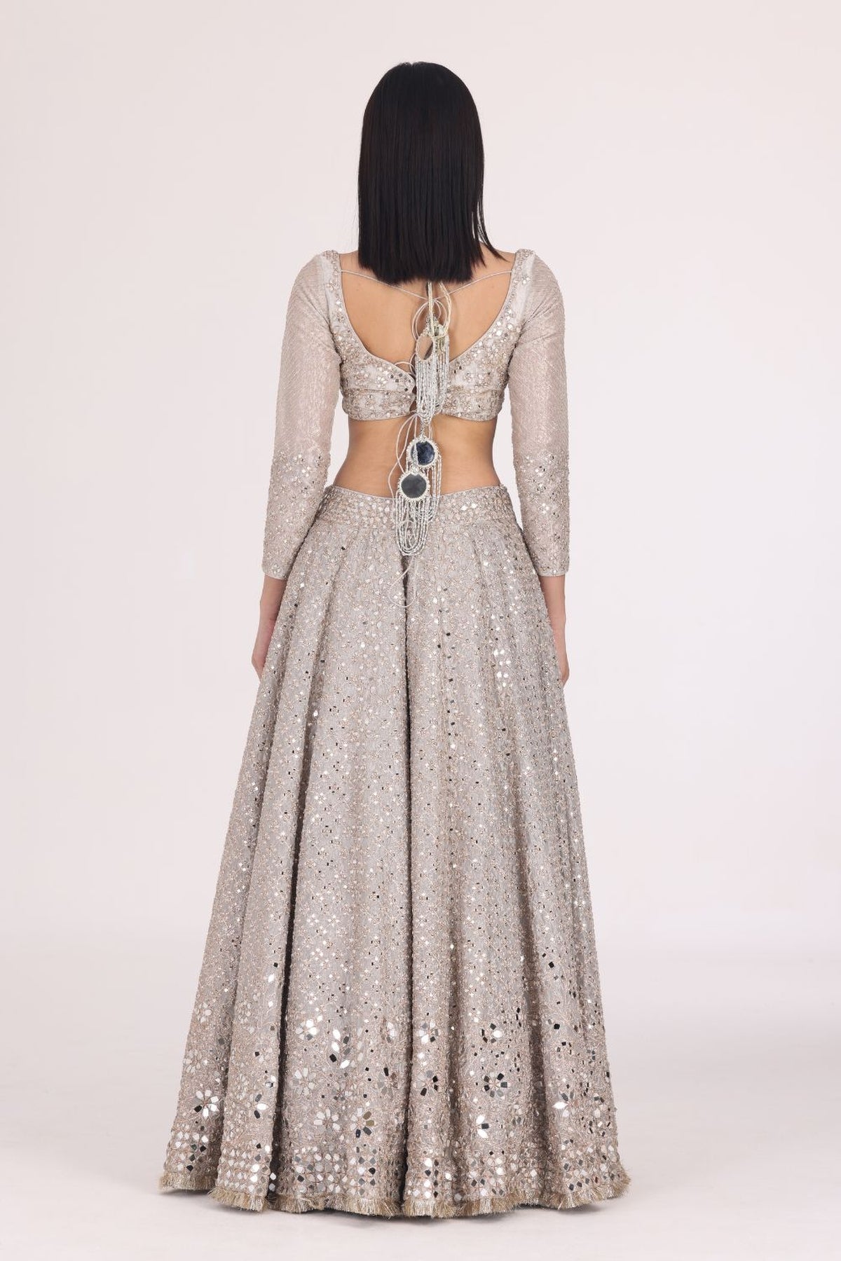 SILVER TISSUE PATTERN EMBELLISHED LEHENGA SET