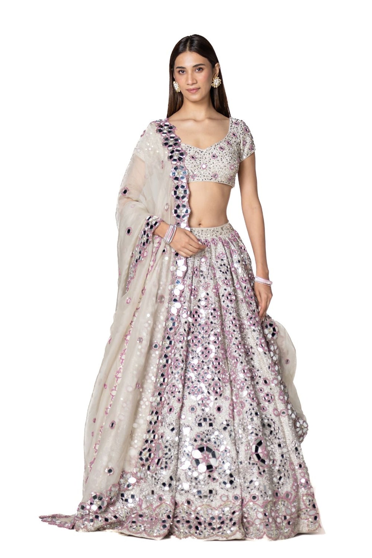 Lilac And Ivory Hand Embroidered Lehenga