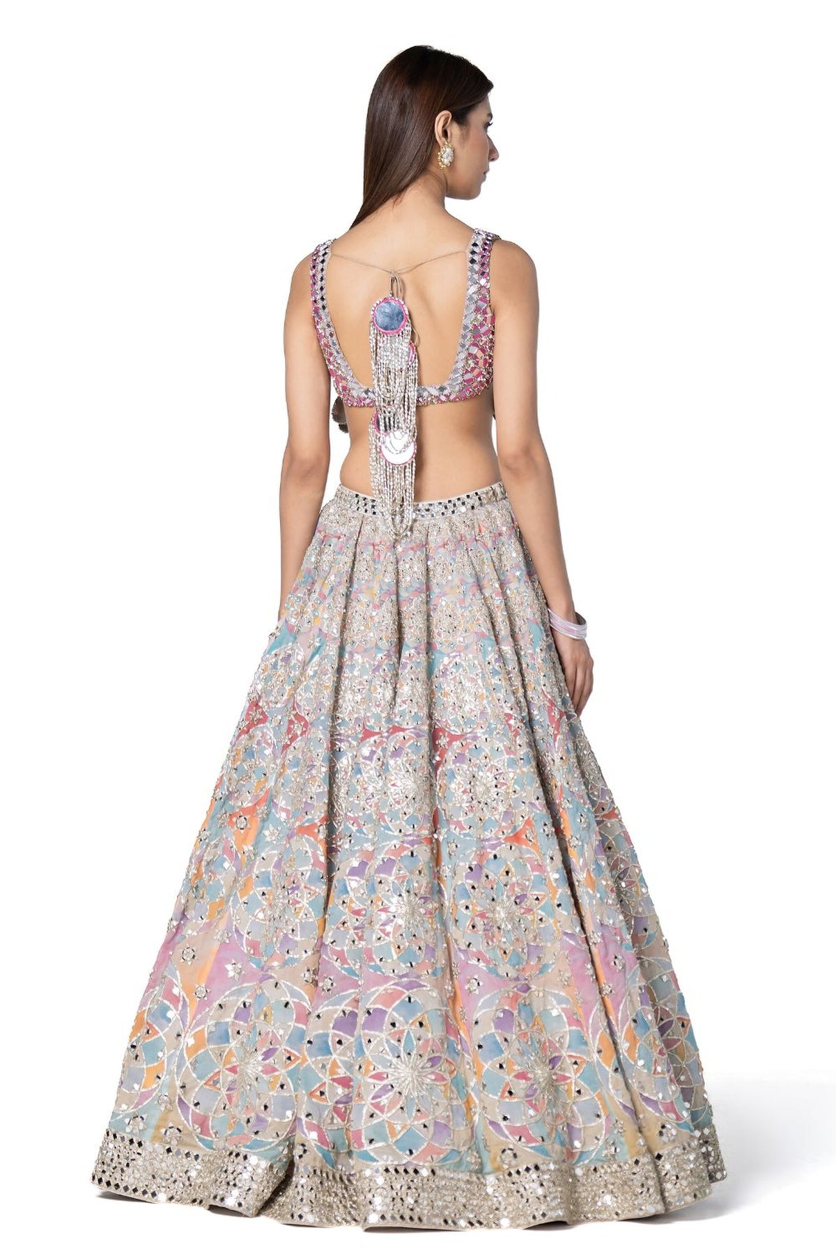 Hand Embroidered Blouse With Pastel Shade Printed Lehenga