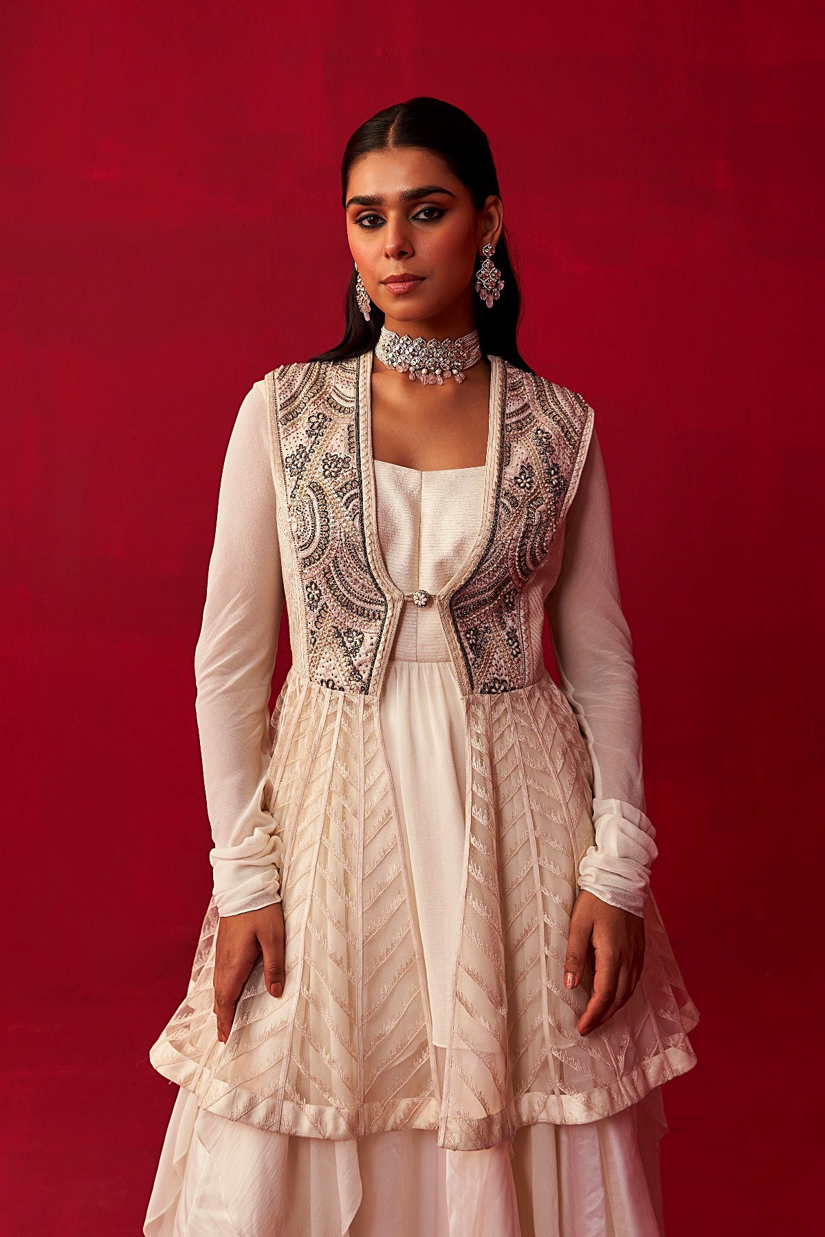 Ivory Mandala Jacket, Top and Skirt Set