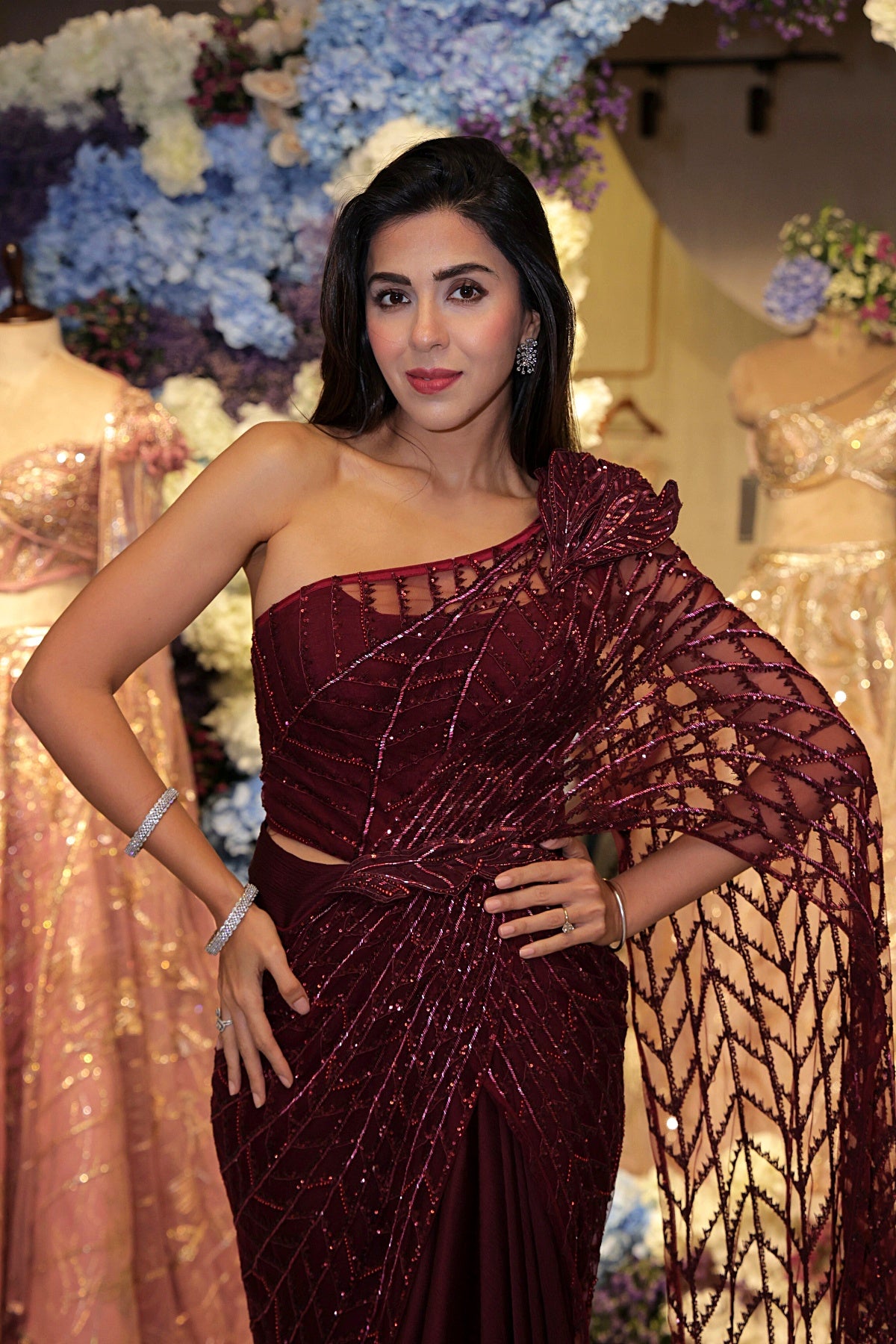 Bahaar Dhawan in Wine Crystal Drape Saree