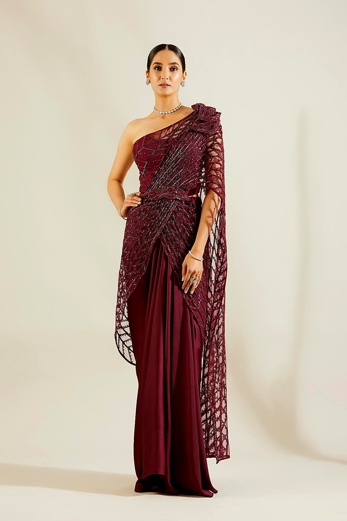 Bahaar Dhawan in Wine Crystal Drape Saree