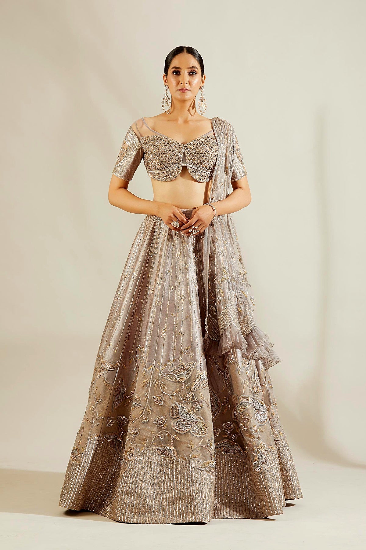 Abalone Grey Gold Floral Lehenga