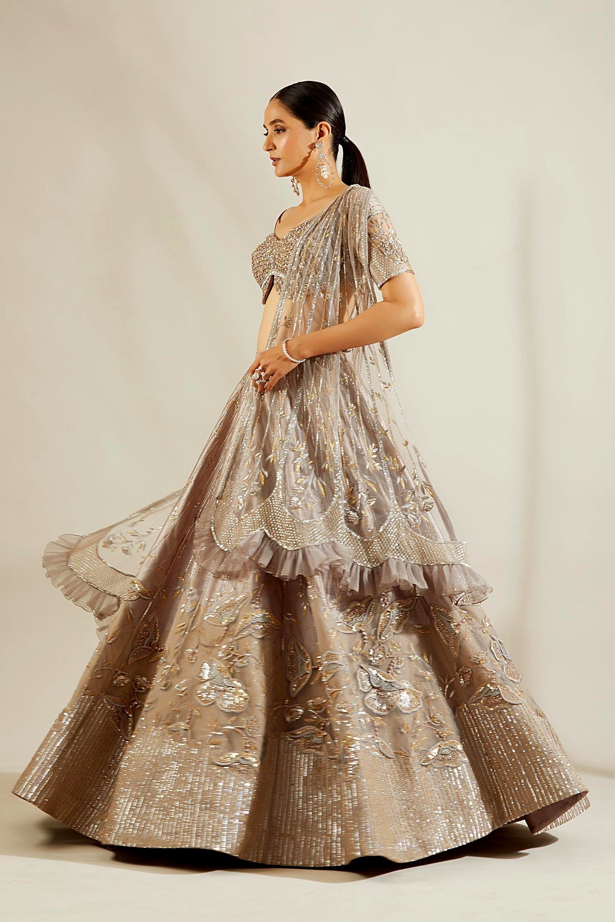 Abalone Grey Gold Floral Lehenga