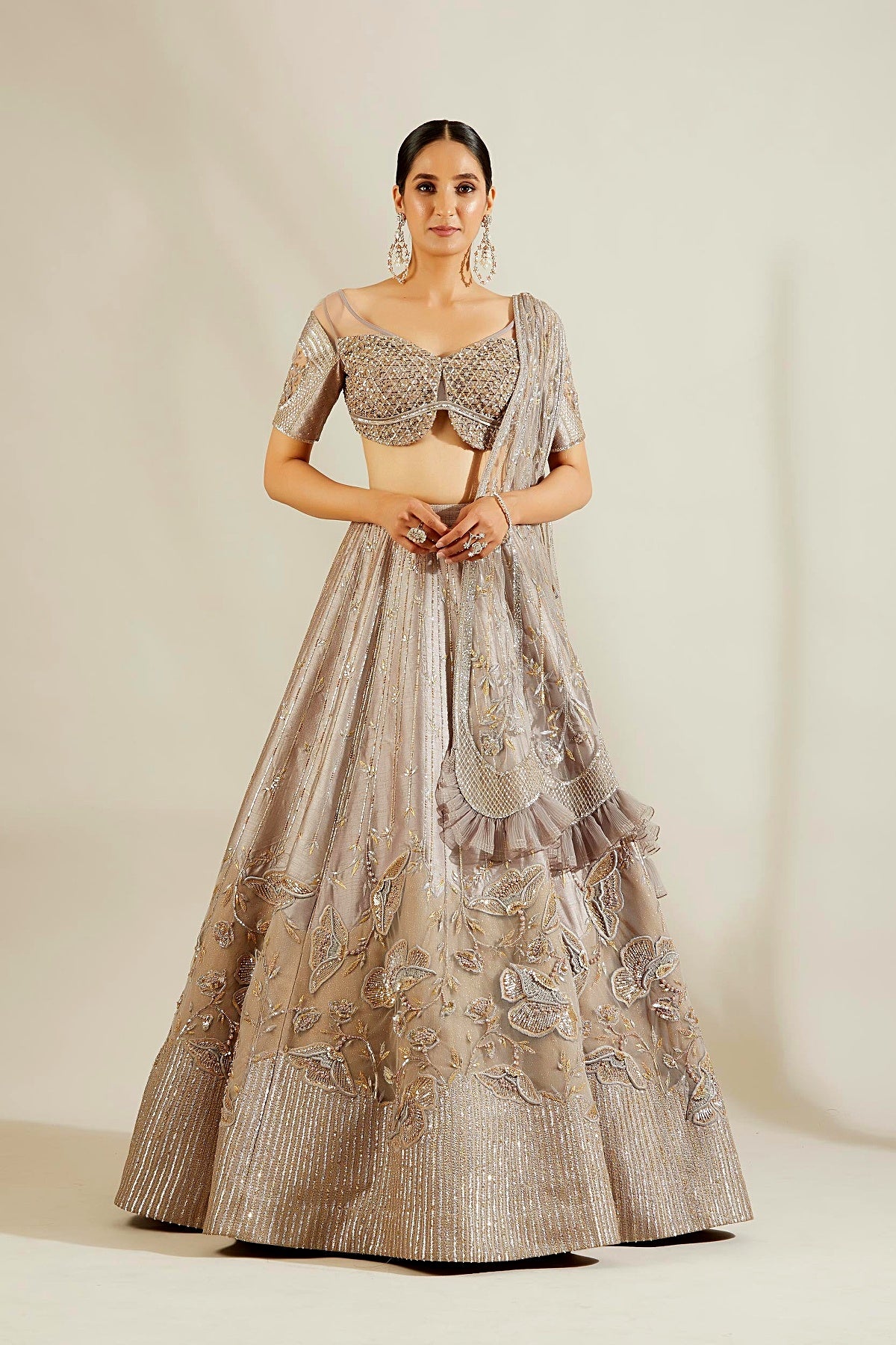 Abalone Grey Gold Floral Lehenga